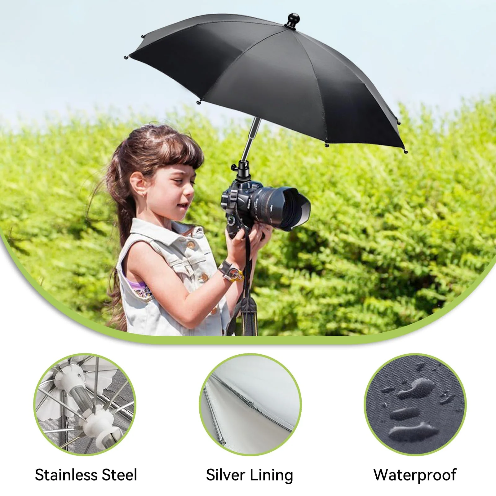 Large Camera Umbrella Hot Shoe for Rain Sun 19inch, DSLR Camera Rain Cover Shade, Protector for Canon, Sony, Nikon, Fuji, Olympus, Ajustable Height & Angle, Black, H37-FBA - Image 6