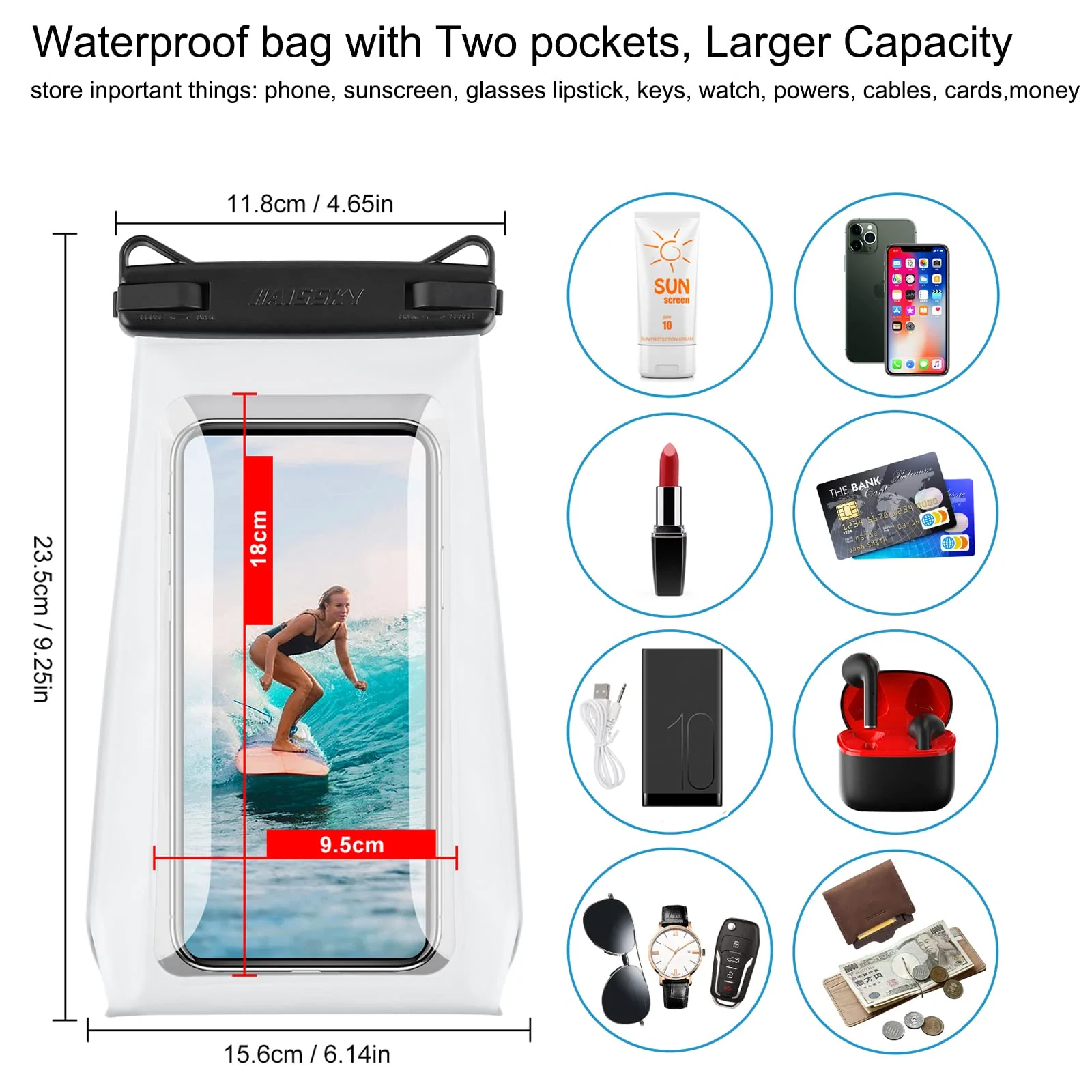 Large Capacity Waterproof Phone Pouch Floating, Waterproof Bag Case for iPhone 15 14 Pro Max 13 12 11 X XR 8 Plus Samsung Up to 6.9'', IPX8 Water Proof Phone Dry Bag for Boating Swimming Kayaking White,1 Piece - Image 2