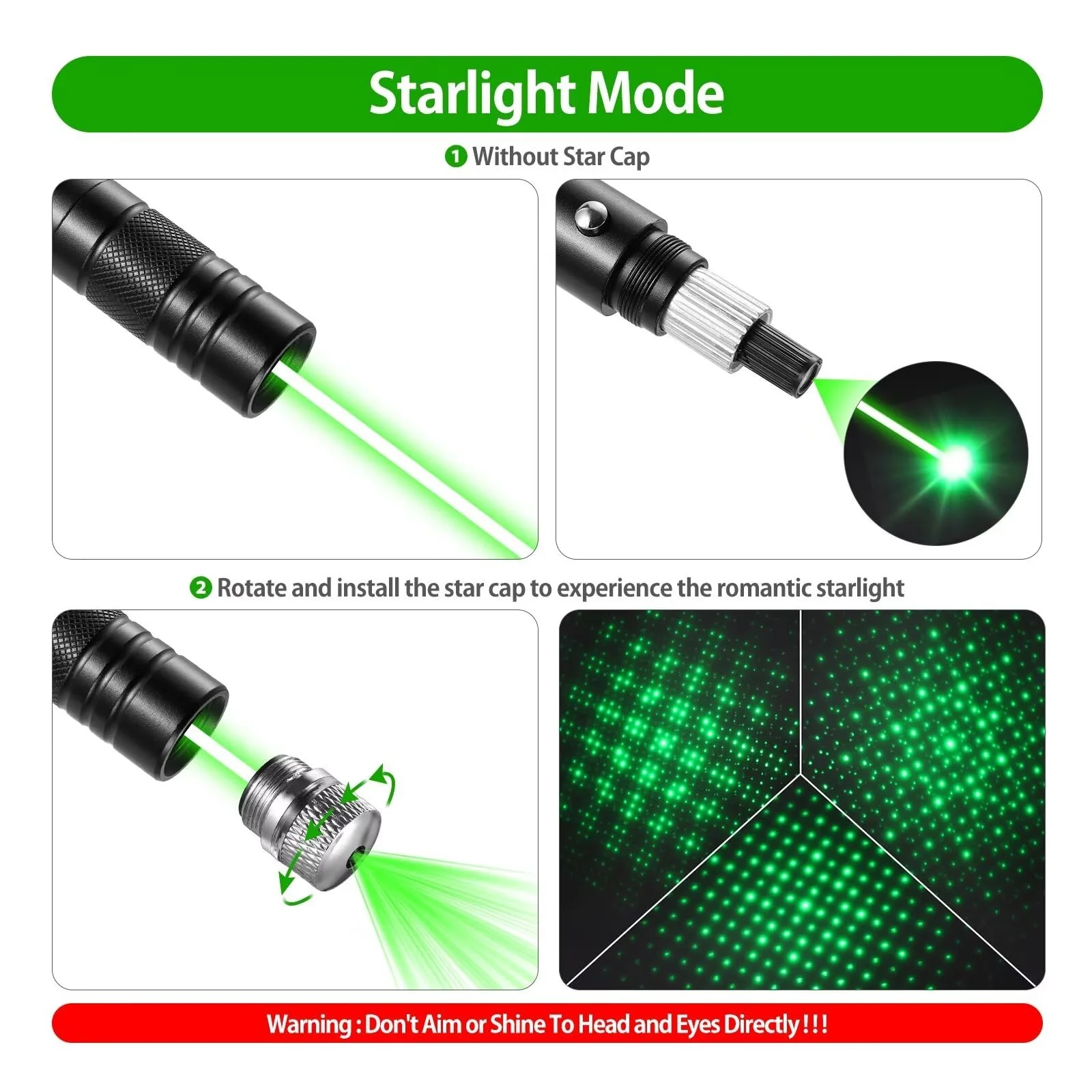 Laser Pointer High Power Rechargeable Lazer Pointer, Laser Pen with Long Range Adjustable Focus with Star Cap, Laser Pointer Pen Suitable for Outdoor, Astronomy, Cats Dogs (Green) - Image 8