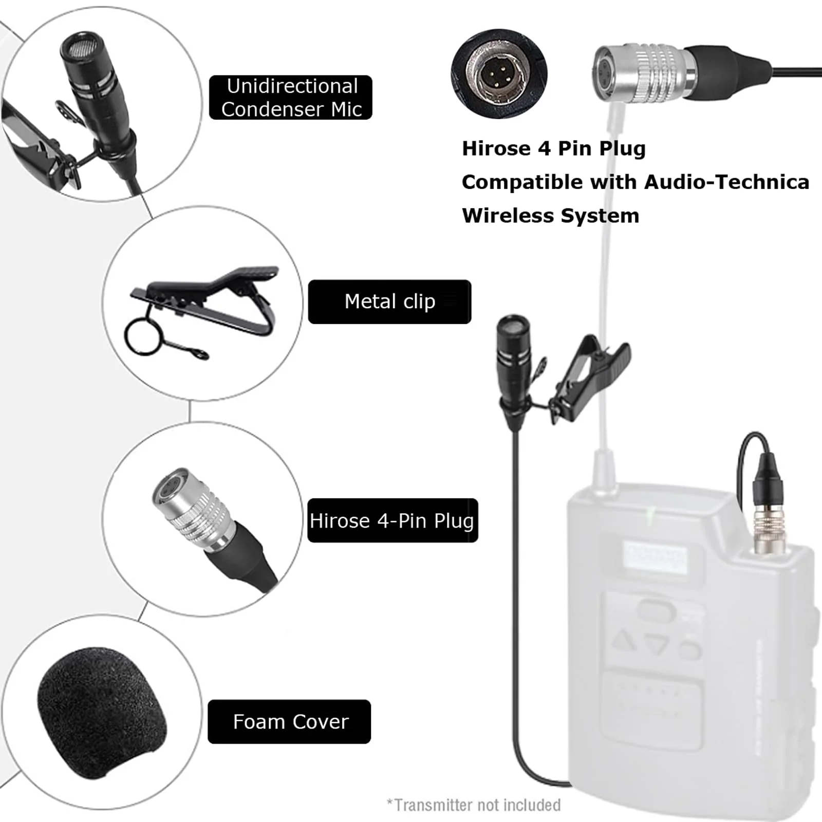 Lavalier Lapel Microphone Unidirectional Condenser Super Cardioid Mic Compatible with Audio-Technica Wireless Bodypack Transmitter System with Hirose 4 Pin Plug Hirose 4 Pin Plug Compatible with Audio-Technica - Image 7