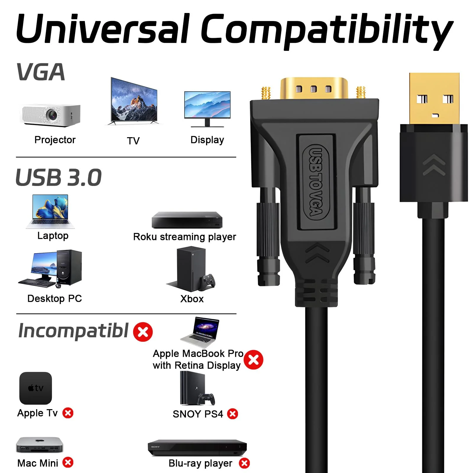 LBSC USB to VGA Adapter for Monitor,USB to VGA Adapter,USB 3.0 to VGA Male 1080P Monitor Display Video Adapter/Converter Cord,Compatible with Mac OS Windows XP/Vista/10/8/7, 5FT - Image 2