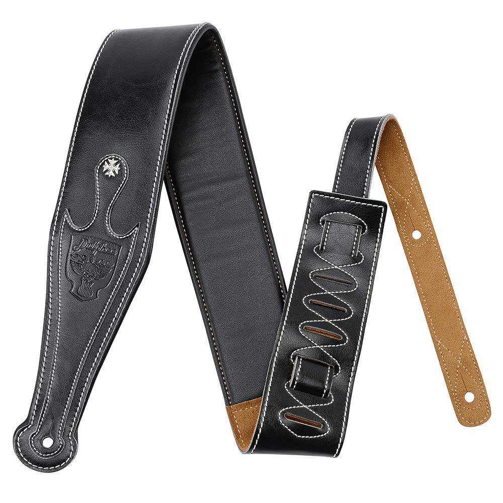 Leather Guitar Strap, 3.15" Genuine Leather Guitar Strap with Suede & Leather Lined for Bass, Electric Guitar and Acoustic Guitar (Black) Black