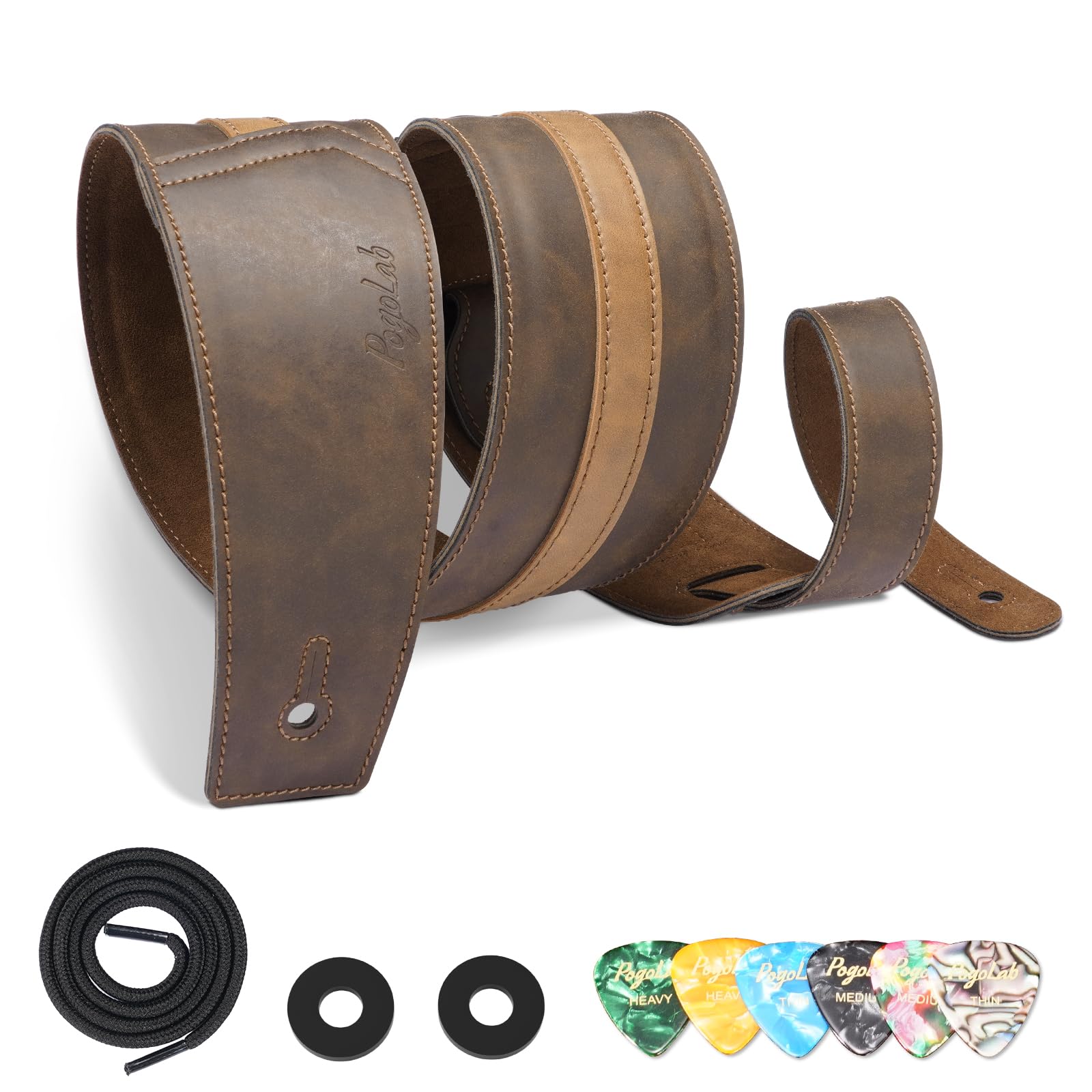 Leather Guitar Strap, 3 inch Wide Comfortable Foam Cushion Padded Bass Strap, Adjustable Length from 51" to 57", with Strap Locks & Picks, for Bass/Electric/Acoustic Guitar (Brown)