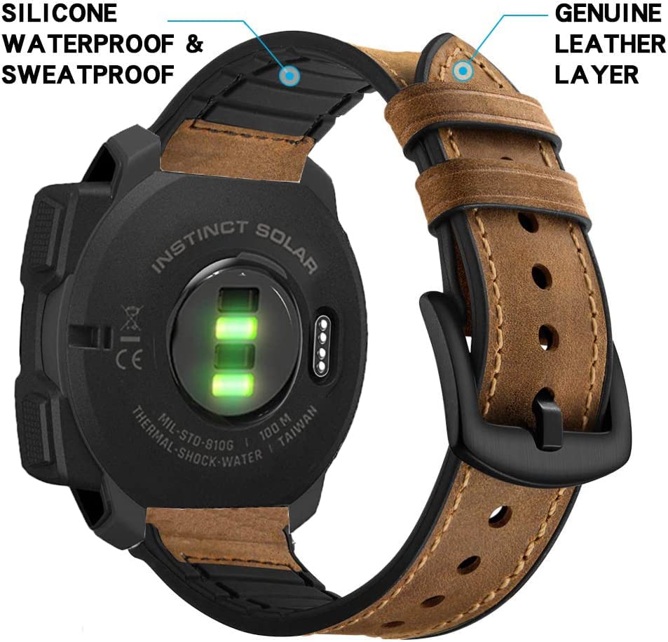 Leather Watch Band for Garmin Instinct/Instinct 2 Solar, Soft Genuine Leather with Silicone Sweatproof Wrist Strap for Garmin Instinct Tactical/Tide/Esports/Instinct Solar-Max Wrist 8.1" Crazy Brown - Image 2