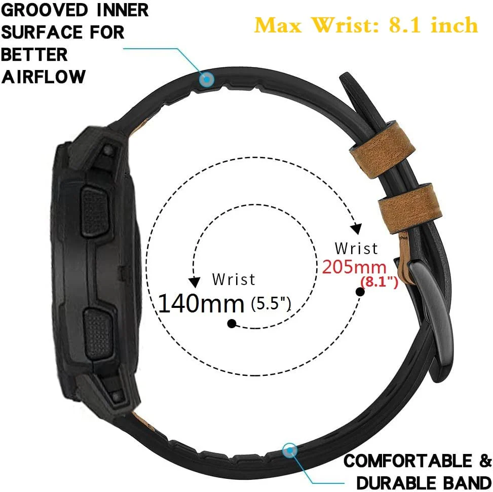 Leather Watch Band for Garmin Instinct/Instinct 2 Solar, Soft Genuine Leather with Silicone Sweatproof Wrist Strap for Garmin Instinct Tactical/Tide/Esports/Instinct Solar-Max Wrist 8.1" Crazy Brown - Image 3