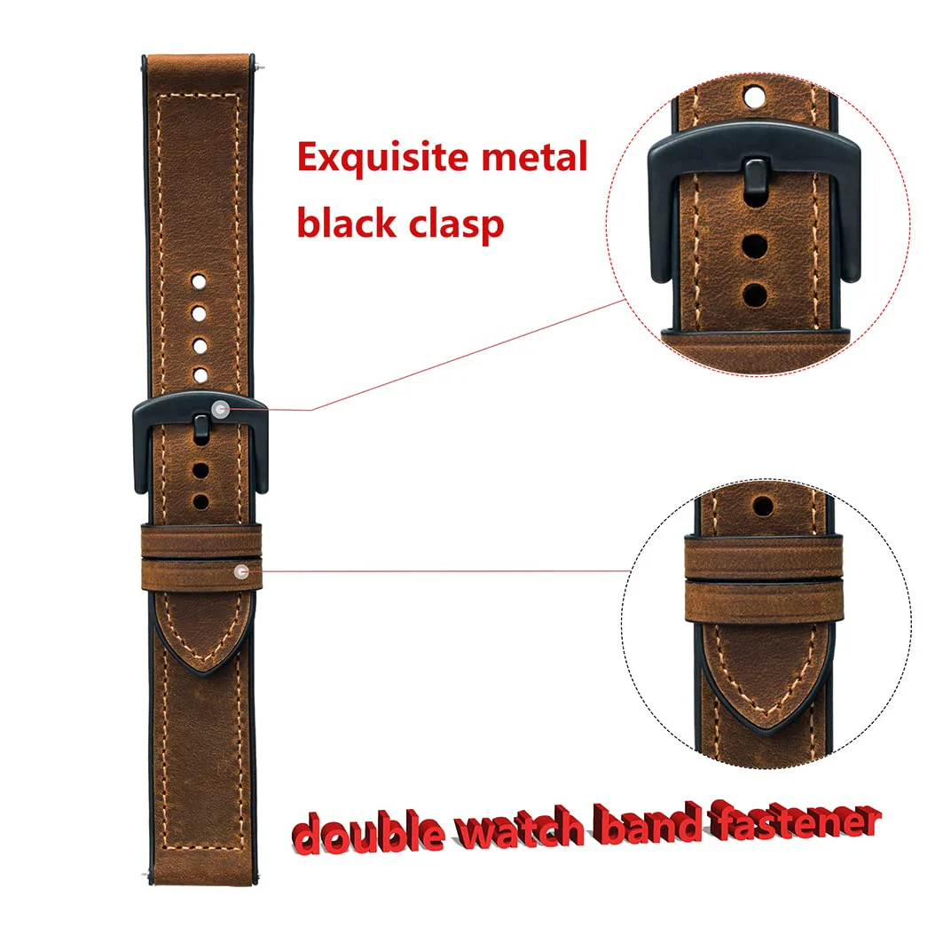 Leather Watch Band for Garmin Instinct/Instinct 2 Solar, Soft Genuine Leather with Silicone Sweatproof Wrist Strap for Garmin Instinct Tactical/Tide/Esports/Instinct Solar-Max Wrist 8.1" Crazy Brown - Image 4