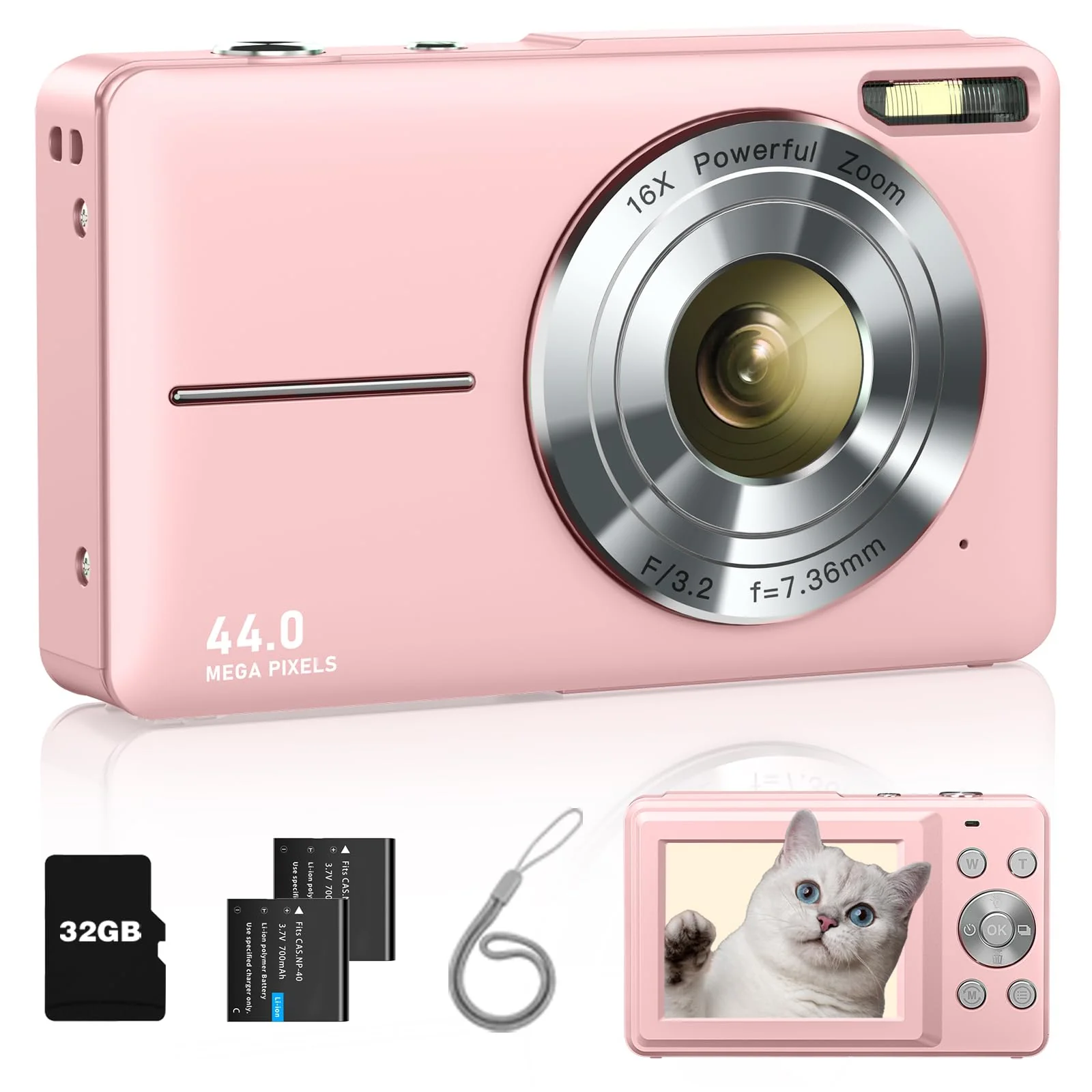 Lecran Digital Camera, FHD 1080P Kids Camera with 32GB Card, 2 Batteries, Lanyard, 16X Zoom Anti Shake, 44MP Compact Portable Small Point Shoot Camera Gift for Kid Student Children Teen Girl Boy(Pink) Pink