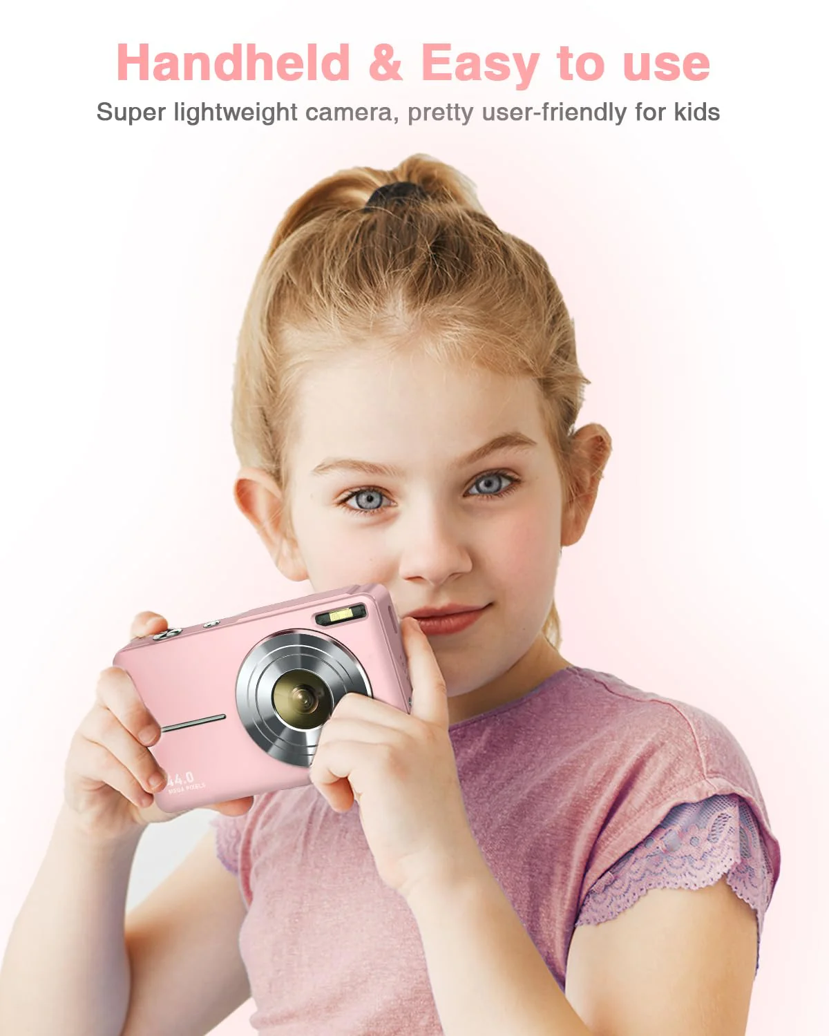 Lecran Digital Camera, FHD 1080P Kids Camera with 32GB Card, 2 Batteries, Lanyard, 16X Zoom Anti Shake, 44MP Compact Portable Small Point Shoot Camera Gift for Kid Student Children Teen Girl Boy(Pink) Pink - Image 3