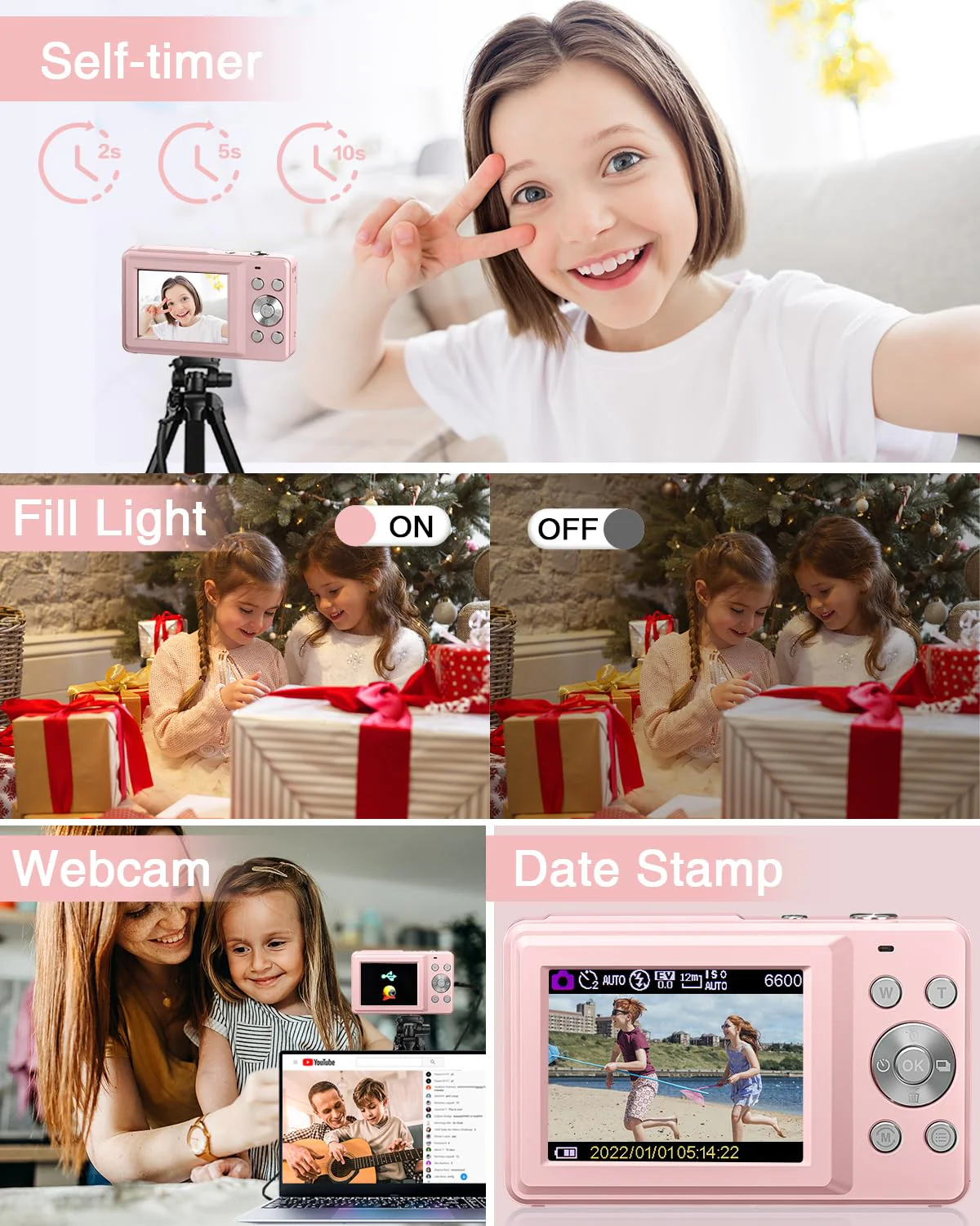 Lecran Digital Camera, FHD 1080P Kids Camera with 32GB Card, 2 Batteries, Lanyard, 16X Zoom Anti Shake, 44MP Compact Portable Small Point Shoot Camera Gift for Kid Student Children Teen Girl Boy(Pink) Pink - Image 6