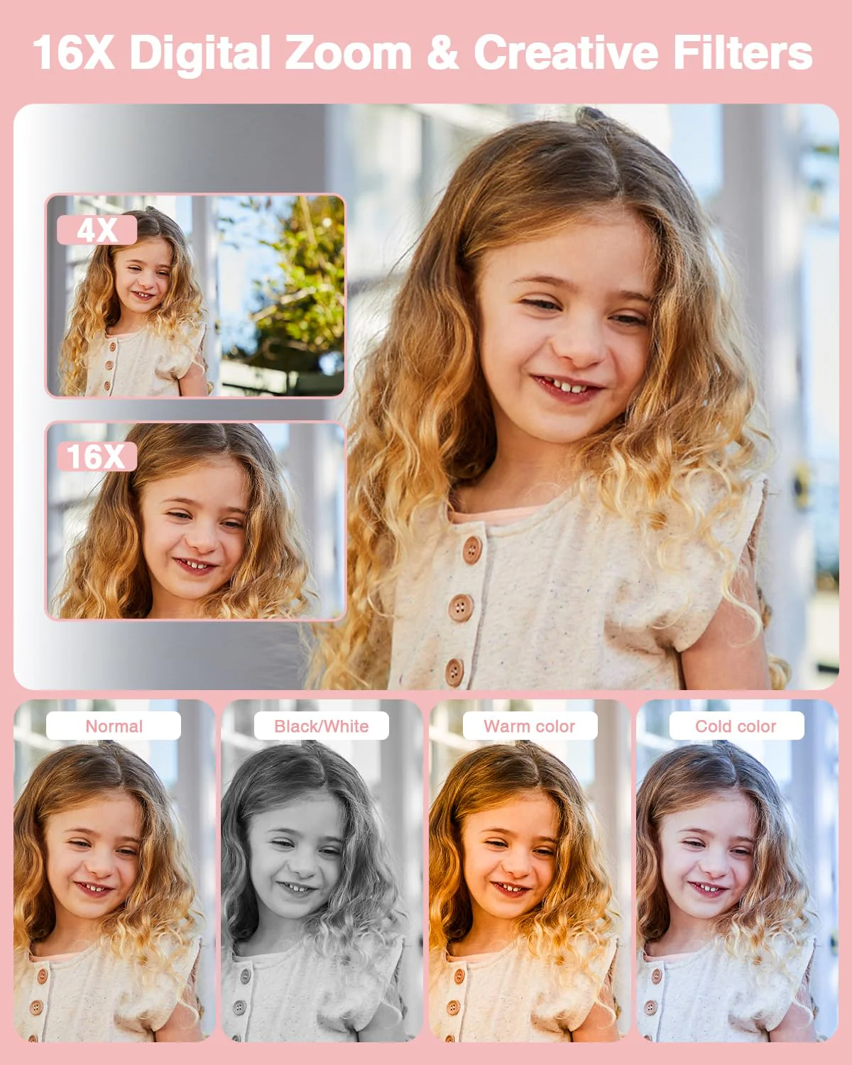 Lecran Digital Camera, FHD 1080P Kids Camera with 32GB Card, 2 Batteries, Lanyard, 16X Zoom Anti Shake, 44MP Compact Portable Small Point Shoot Camera Gift for Kid Student Children Teen Girl Boy(Pink) Pink - Image 7