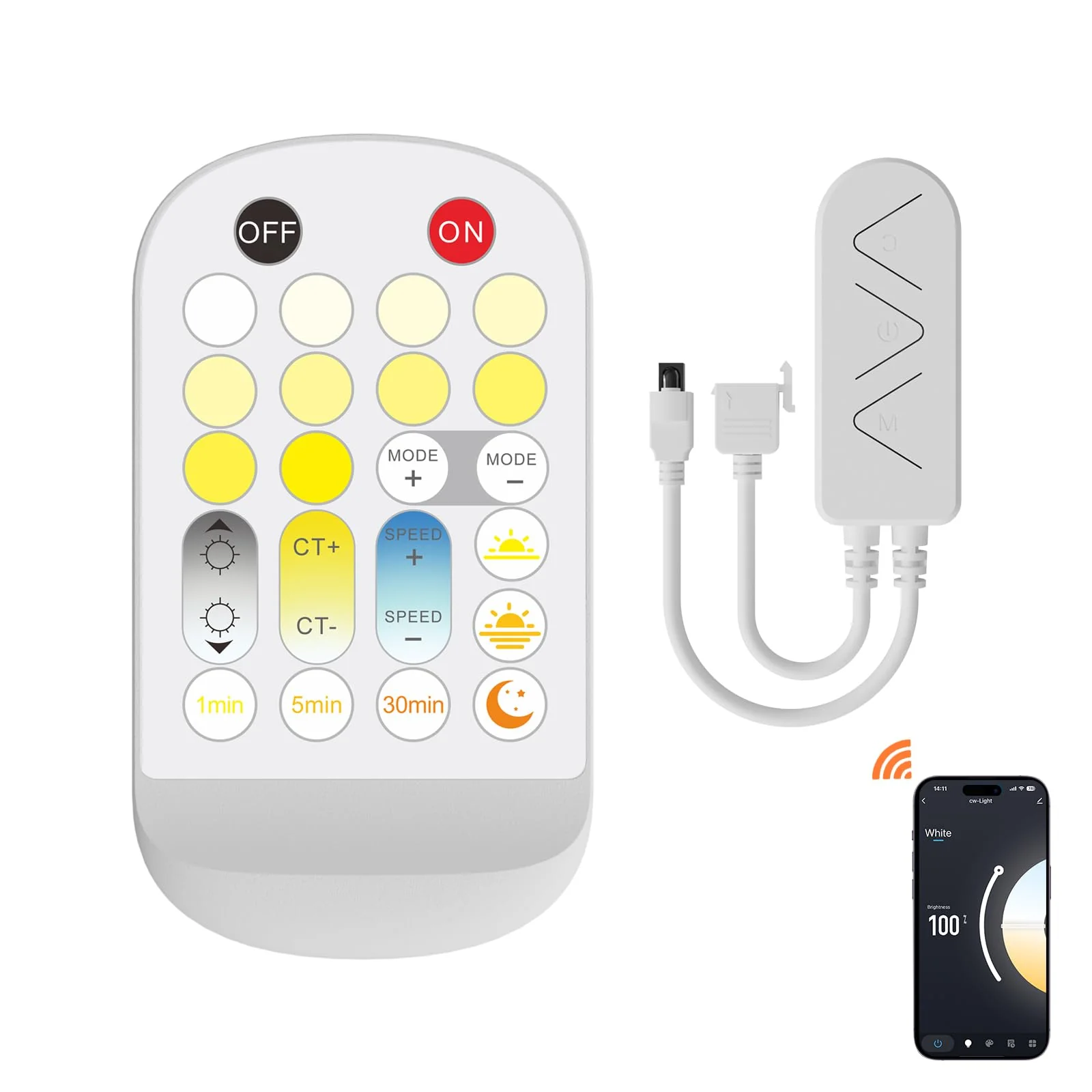 LED Controller Dimmer for CCT COB LED Strip Light,with APP Control,IR Remote,Memory Function,Timing Function for 3-pin Led Strip Lights to Bluetooth/2.4 G Wi-Fi Connection,DC12V 24V