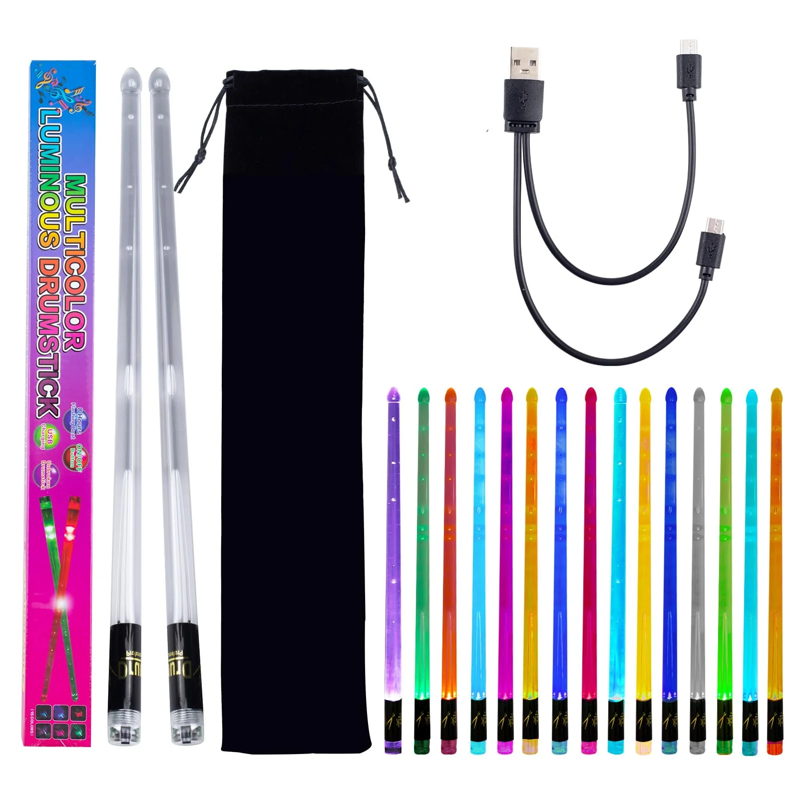 LED Light Up Drum Sticks: 15 Color Glow In The Dark Clear Drumsticks with USB Charging Cable Rechargeable, Personalized Drum Sticks for Adults Kids