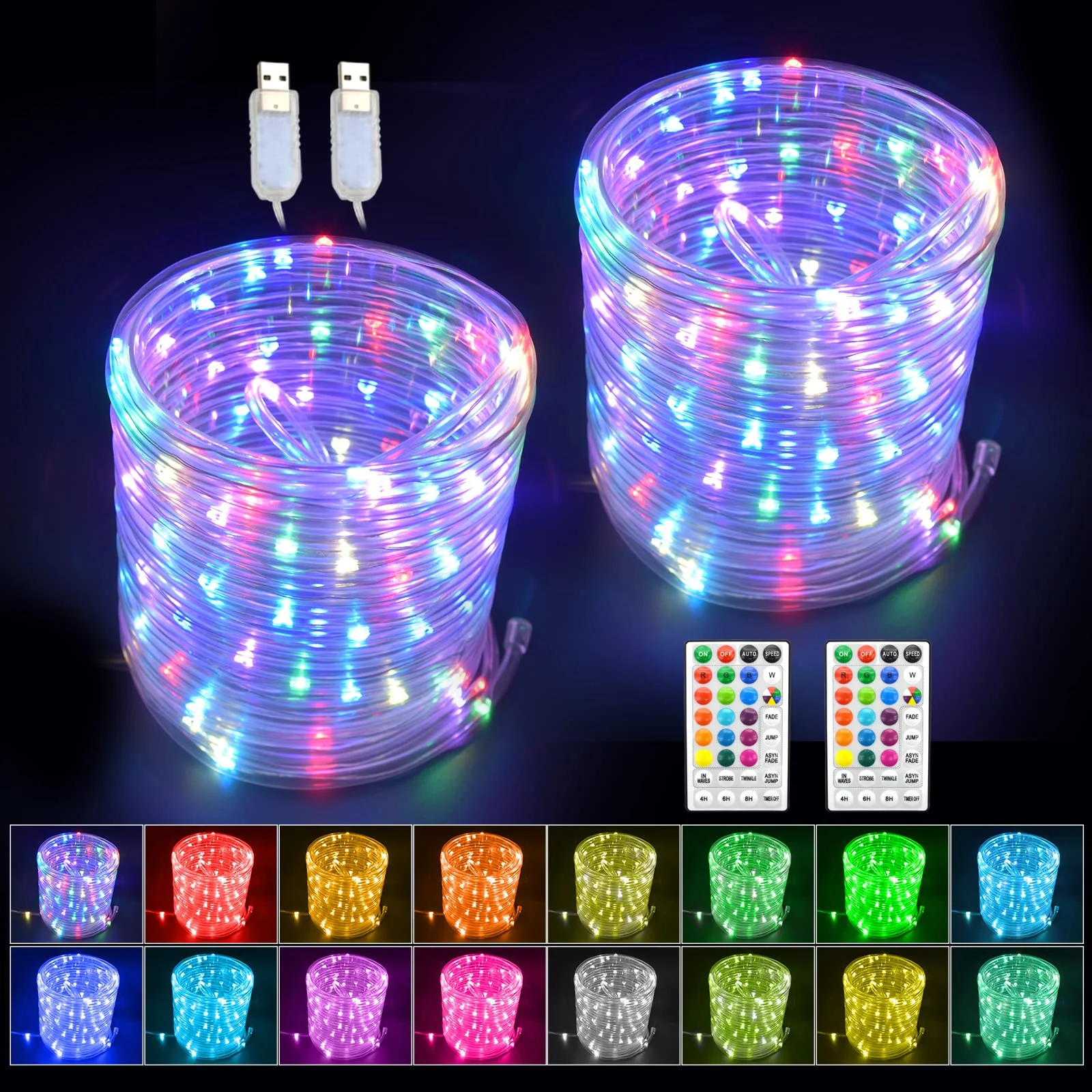 LED Rope Lights with USB Powered, 2 Pack X 33Ft 100 LED String Lights Indoor Outdoor with Remote,16 Color Changing Fairy Tube Lights for Bedroom Garden Party Wedding Christmas 33ft x 2Pack(RGB)