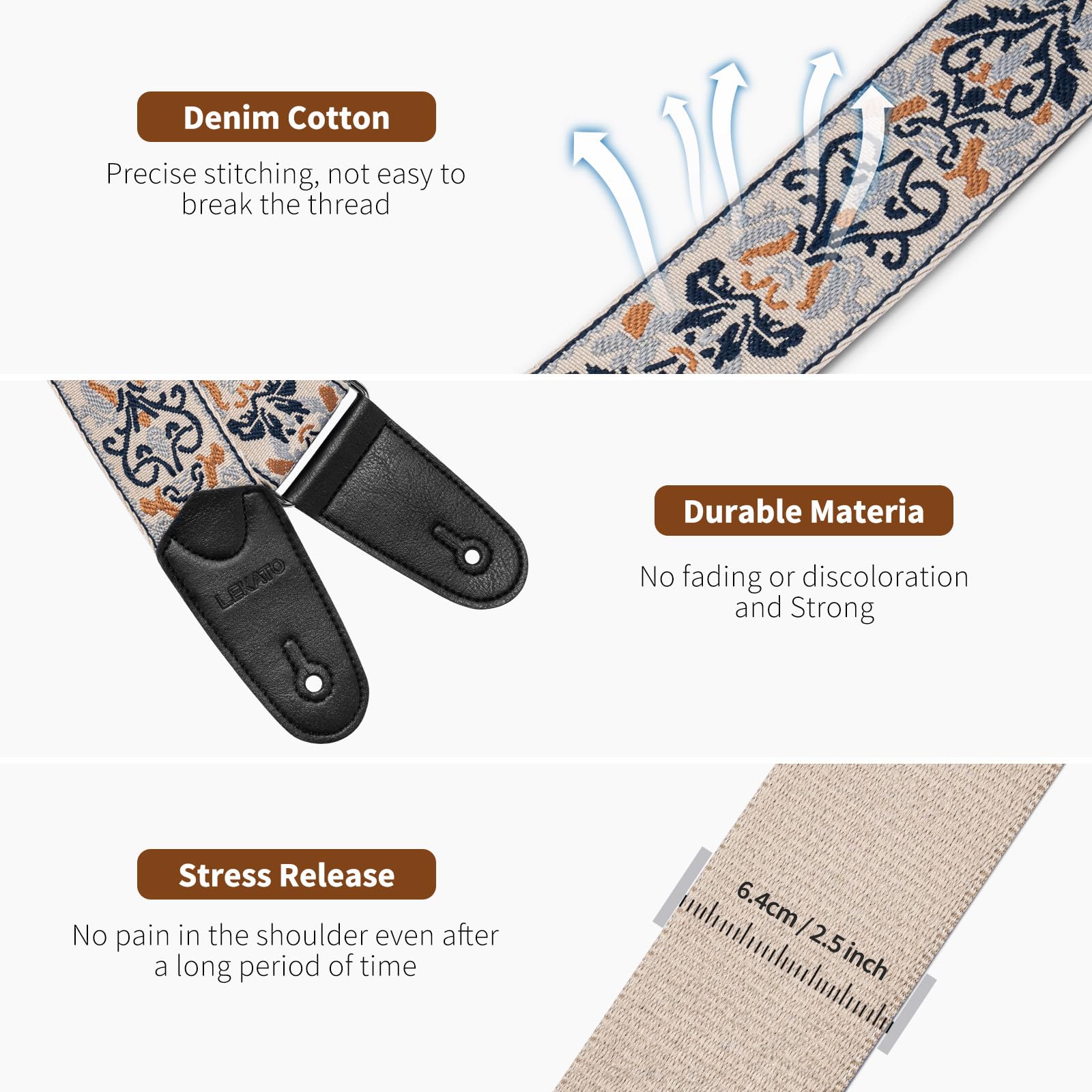 LEKATO Guitar Strap for Electric Bass Acoustic Guitar, Floral Jacquard Embroidery 2? Wide Guitar Straps Bass Strap Padded Guitar Straps with Picks & Blocks (Blue Flower White) - Image 3