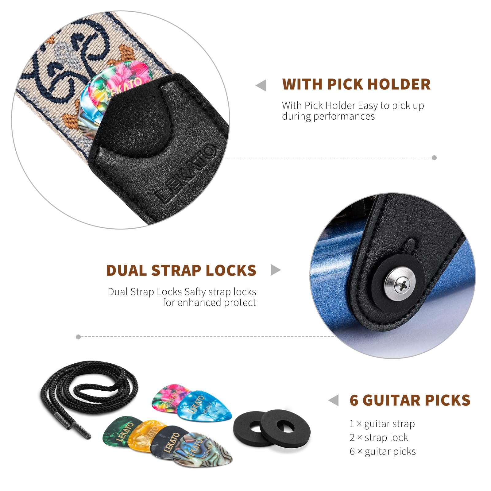 LEKATO Guitar Strap for Electric Bass Acoustic Guitar, Floral Jacquard Embroidery 2? Wide Guitar Straps Bass Strap Padded Guitar Straps with Picks & Blocks (Blue Flower White) - Image 4