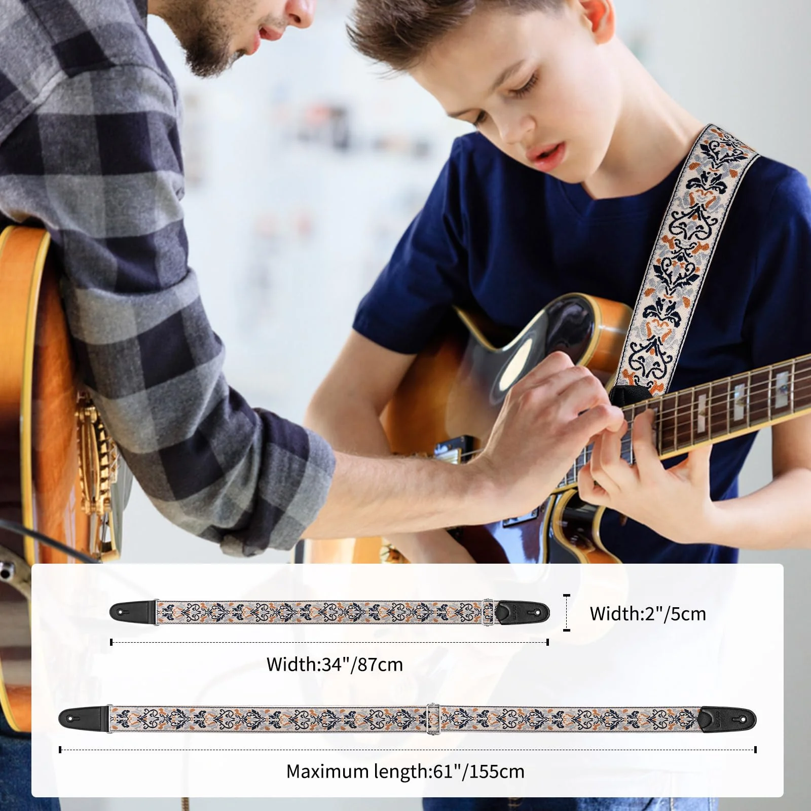 LEKATO Guitar Strap for Electric Bass Acoustic Guitar, Floral Jacquard Embroidery 2? Wide Guitar Straps Bass Strap Padded Guitar Straps with Picks & Blocks (Blue Flower White) - Image 5