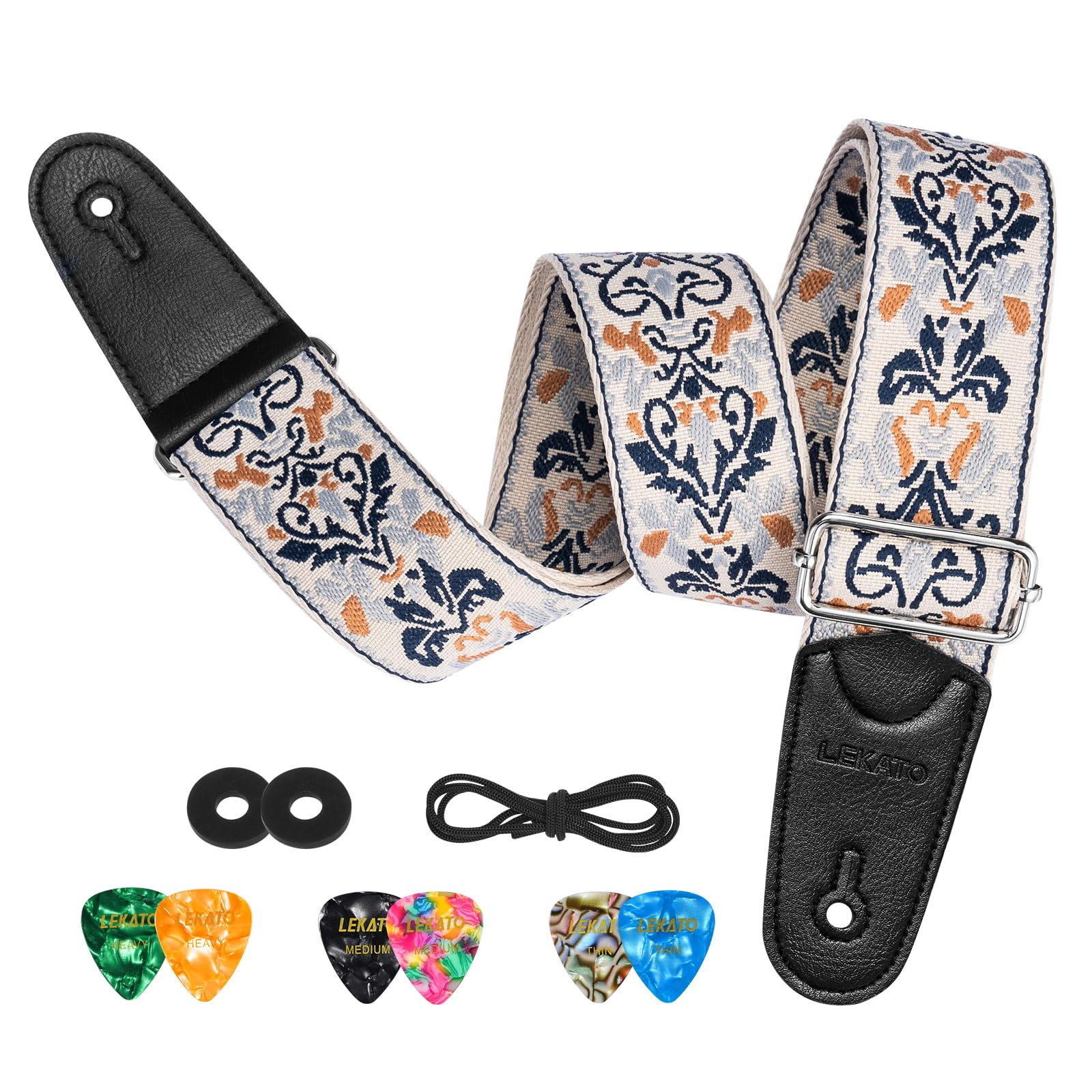 LEKATO Guitar Strap for Electric Bass Acoustic Guitar, Floral Jacquard Embroidery 2? Wide Guitar Straps Bass Strap Padded Guitar Straps with Picks & Blocks (Blue Flower White) - Image 8