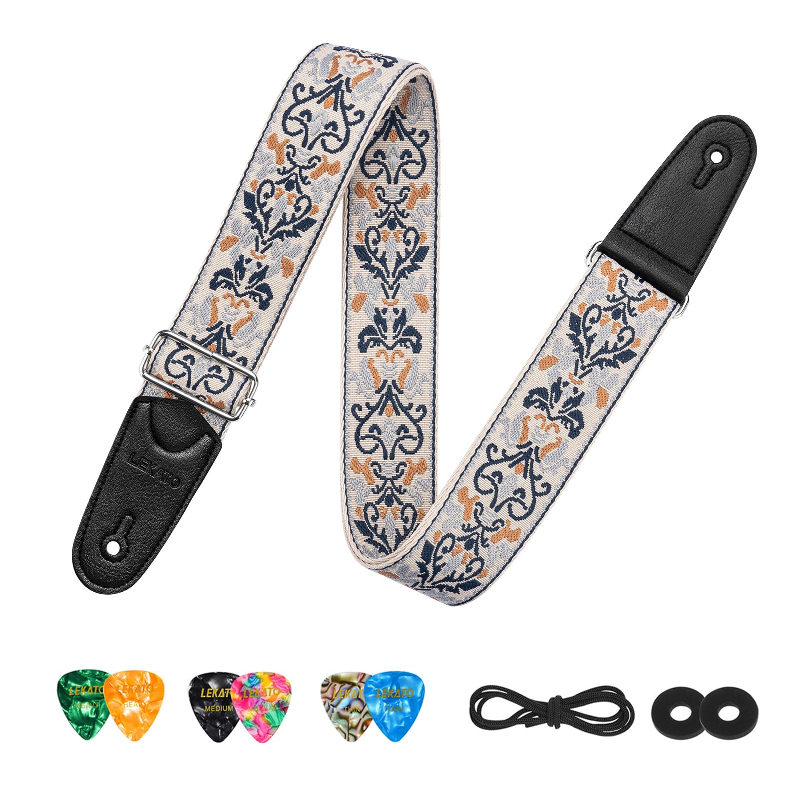 LEKATO Guitar Strap for Electric Bass Acoustic Guitar, Floral Jacquard Embroidery 2? Wide Guitar Straps Bass Strap Padded Guitar Straps with Picks & Blocks (Blue Flower White) - Image 9
