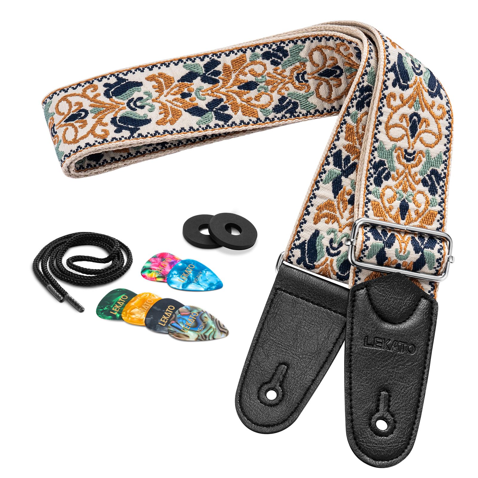 LEKATO Guitar Strap for Electric Bass Acoustic Guitar, Floral Jacquard Embroidery 2? Wide Guitar Straps Bass Strap Padded Guitar Straps with Picks & Blocks (Golden Flower White)