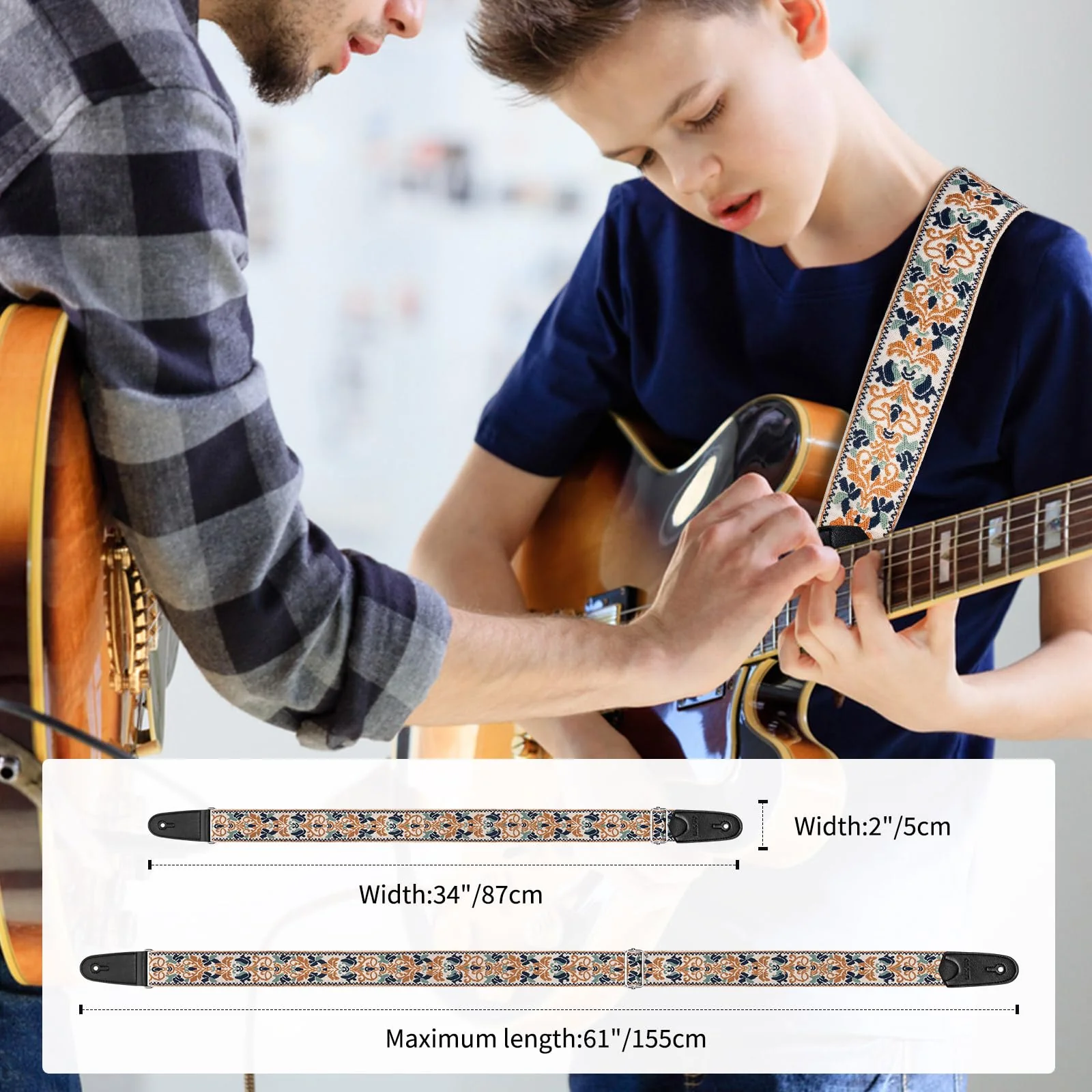 LEKATO Guitar Strap for Electric Bass Acoustic Guitar, Floral Jacquard Embroidery 2? Wide Guitar Straps Bass Strap Padded Guitar Straps with Picks & Blocks (Golden Flower White) - Image 5