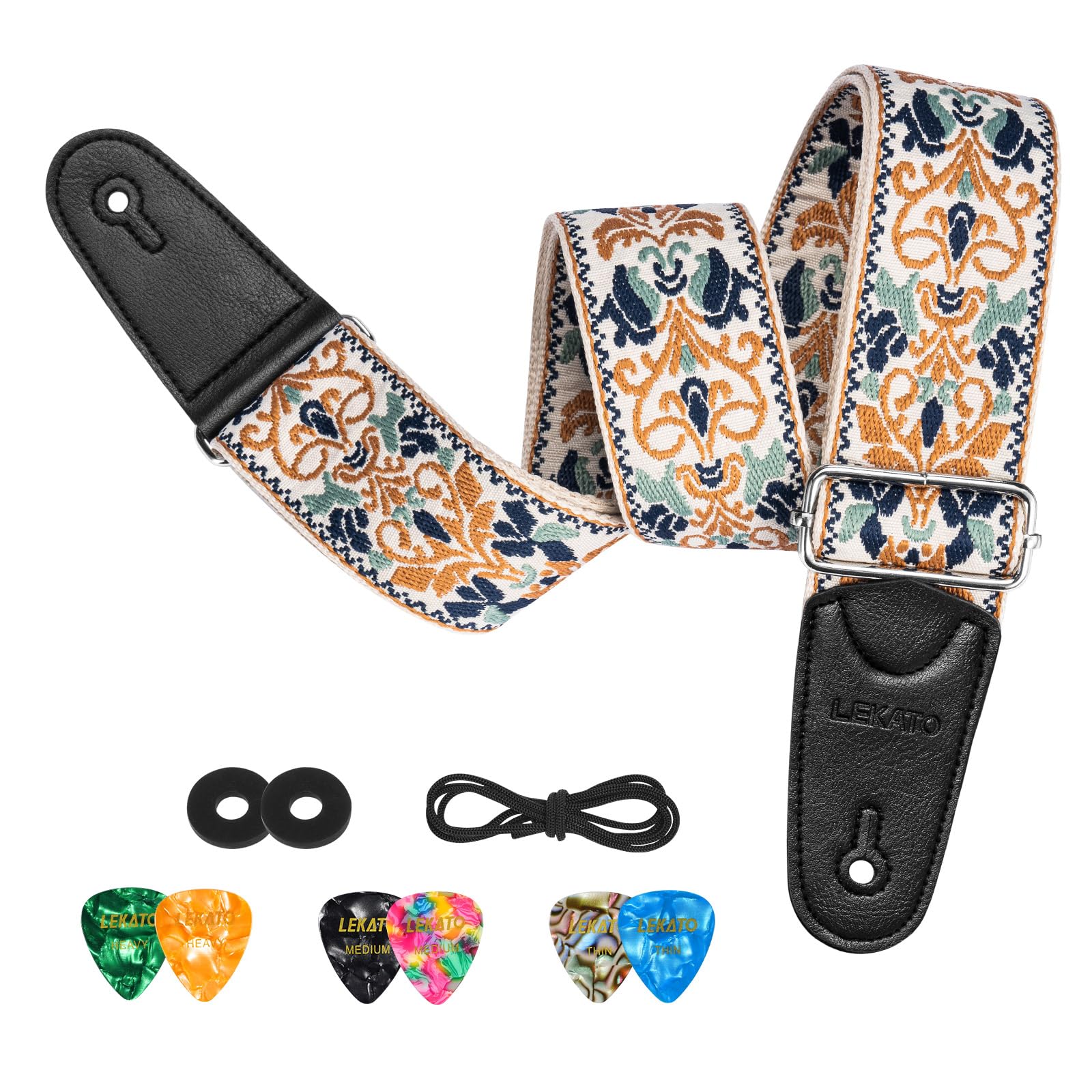 LEKATO Guitar Strap for Electric Bass Acoustic Guitar, Floral Jacquard Embroidery 2? Wide Guitar Straps Bass Strap Padded Guitar Straps with Picks & Blocks (Golden Flower White) - Image 8