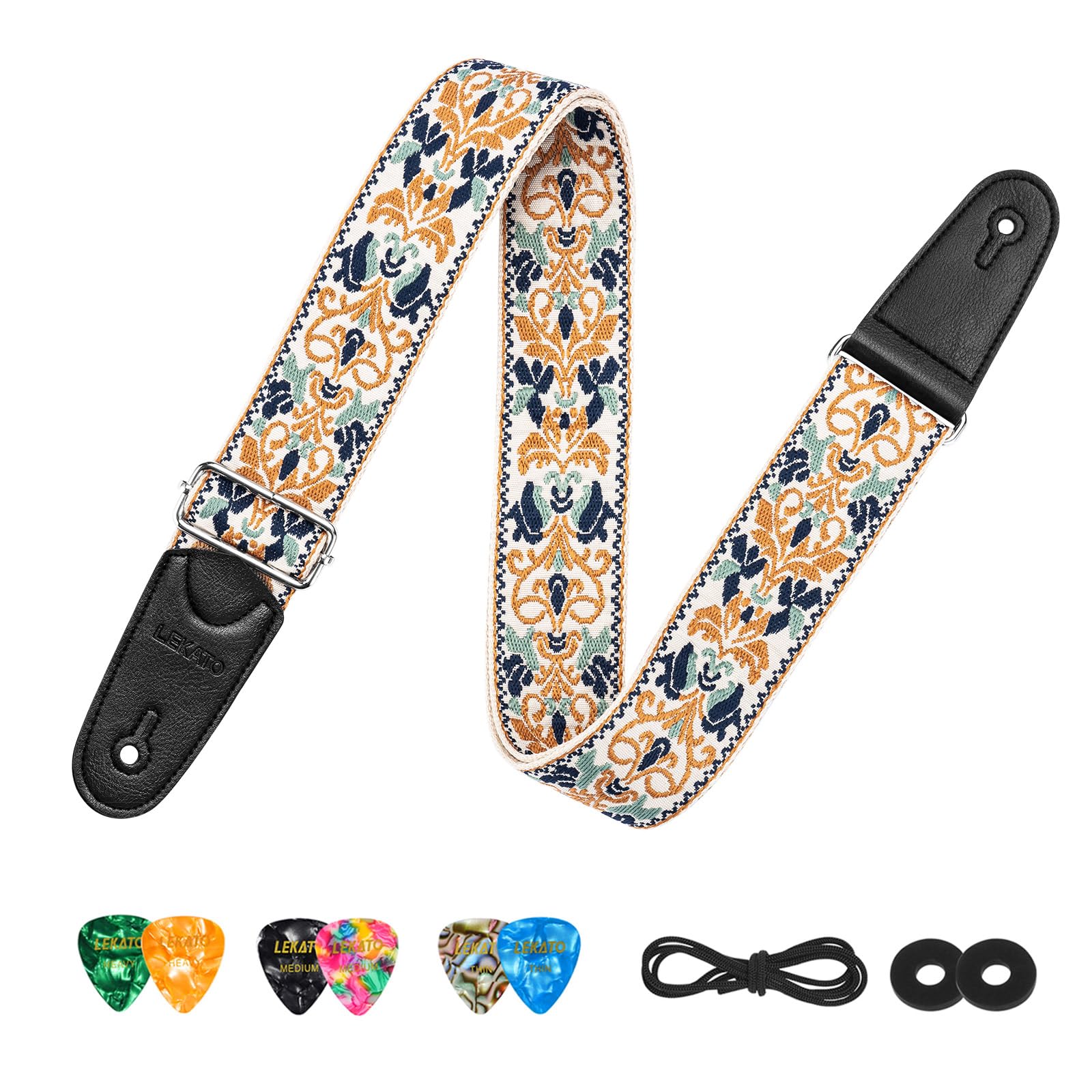 LEKATO Guitar Strap for Electric Bass Acoustic Guitar, Floral Jacquard Embroidery 2? Wide Guitar Straps Bass Strap Padded Guitar Straps with Picks & Blocks (Golden Flower White) - Image 9