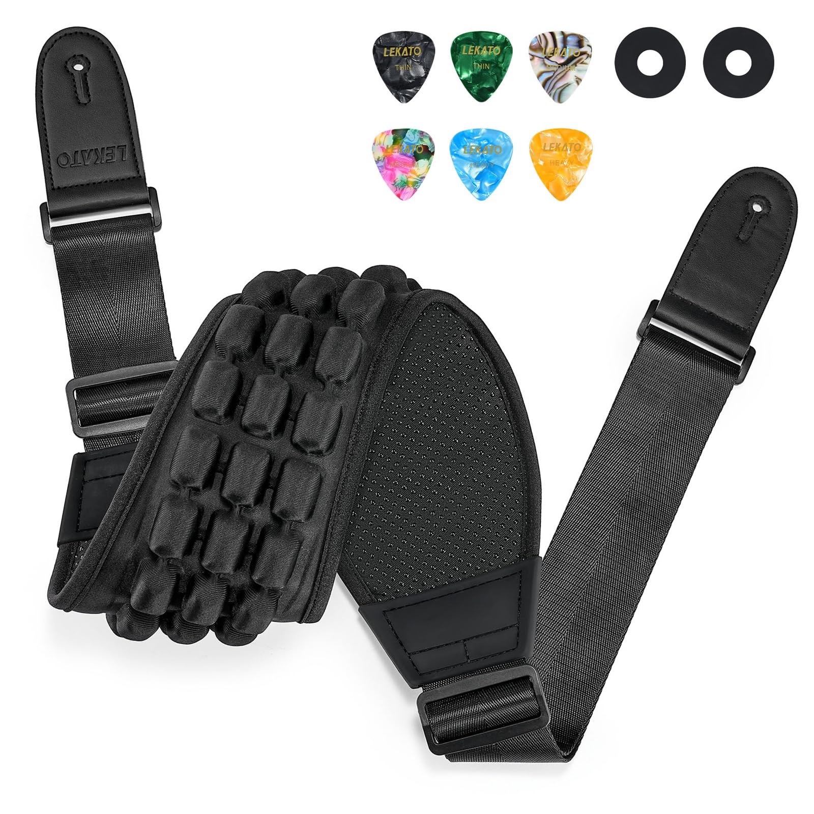 LEKATO Guitar Strap for Electric Guitar Bass with 3.5″ Wide Air Cell Cushions Bass Strap Padded Guitar Straps with Strap Locks, Picks, Adjustable Length from 47″ to 60″