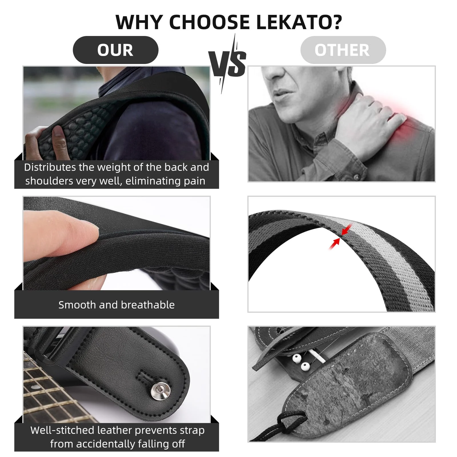 LEKATO Guitar Straps for Electric Guitar Bass, 3" Wide Padded Guitar Strap Neoprene Pad with 3D Sponge Filling Bass Guitar Straps Adjustable Length from 45" to 55" with Strap Locks, Picks, Black 3 Inch - Image 3