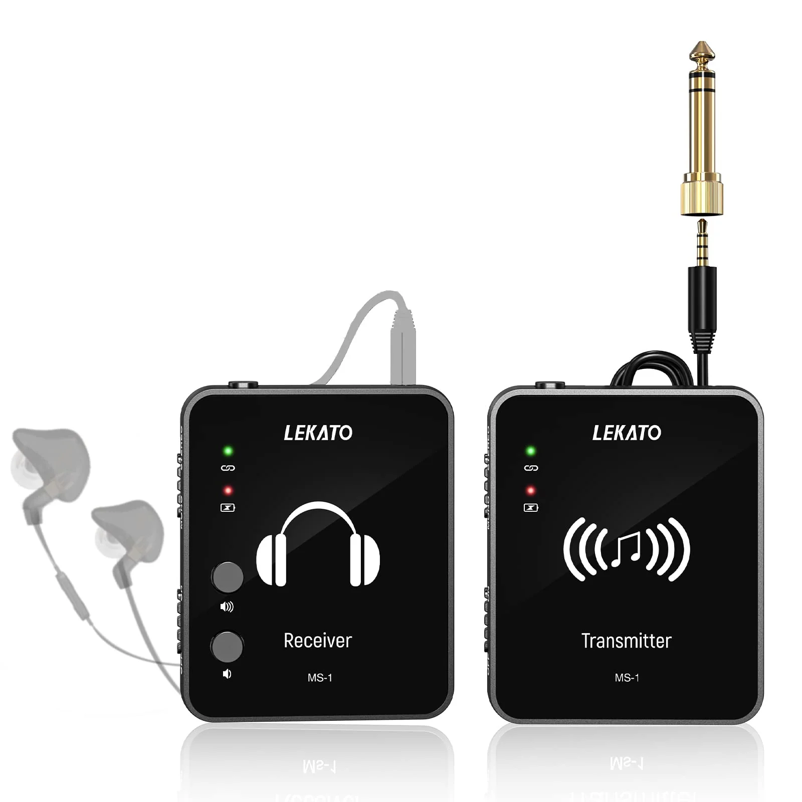 LEKATO MS-1 Wireless in Ear Monitor System, 2.4G Stereo Wireless IEM System with Beltpack Transmitter Receiver Auto-Pairing, in-ear Monitoring for Studio, Band Rehearsal, Live Performance (Black) One Transmitter+ One Receiver