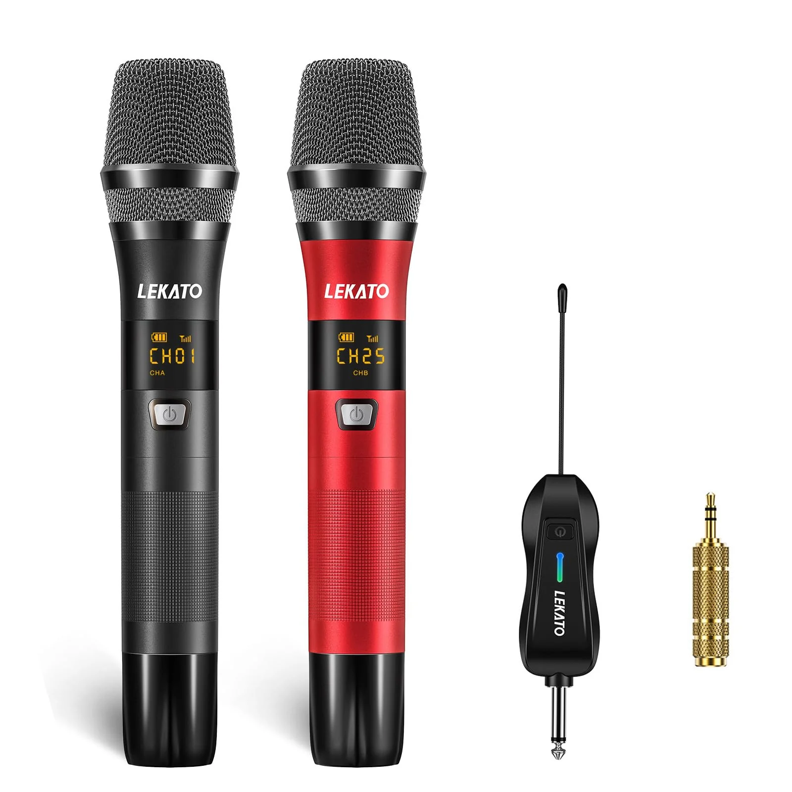 LEKATO Wireless Microphone Rechargeable Wireless Microphones with Receiver Dual Handheld Microphone System Dynamic MIC for Singing, Speech, Wedding, Church,Speaker, PA System Black&Red