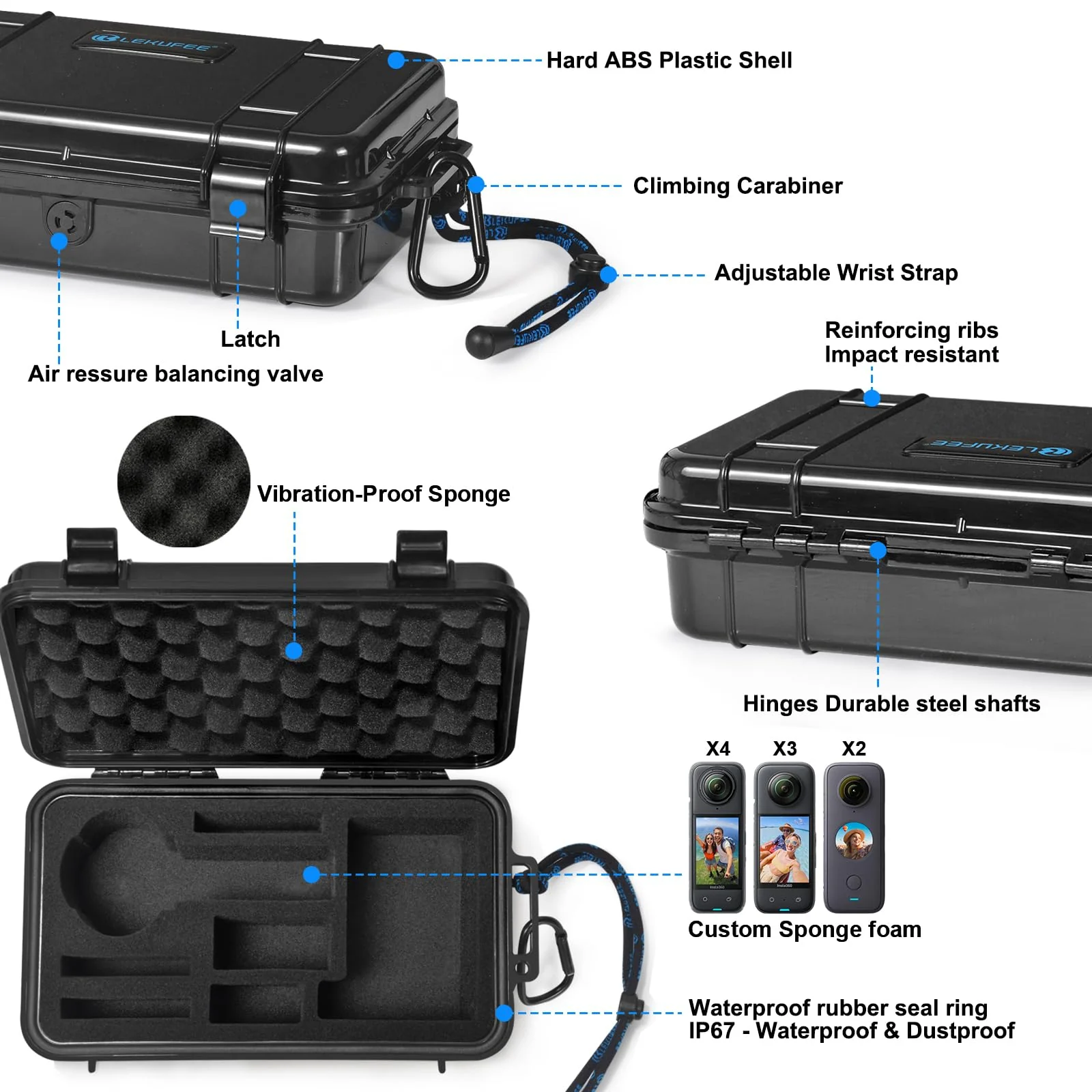 Lekufee Portable Waterproof Hard Case Compatible with Insta360 X4/Insta360 X3/Insta360 ONE X2 Action Camera and Accessories(Case Only) - Image 3
