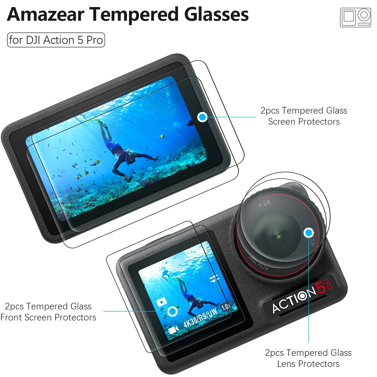 Lens Screen Protector Comatible with DJI Osmo Action 5 Pro (2 Sets), Action5 Pro Accessories Tempered Glass Protector OLED Display, Ultra HD, 9H Hardness, Scratch Resistant, Bubble-Free - Image 2