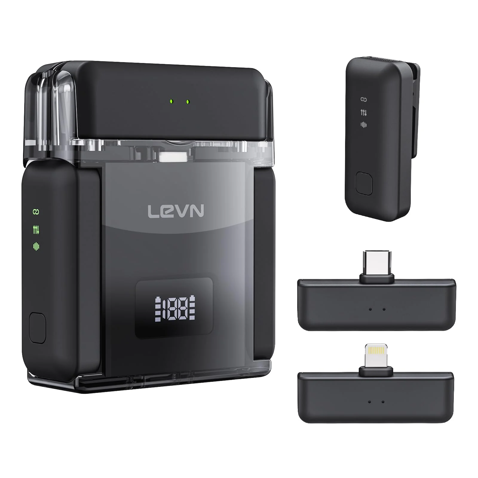 LEVN Wireless Lavalier Microphone, Microphone for iPhone (2 TX + 2 RX + Charging Case), Mini Mic with Noise Cancellation, 20H Battery, 200ft, Wireless Microphone for iPhone 15/14/13, Android