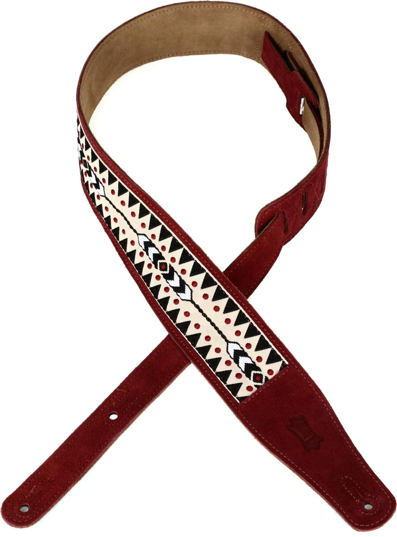 Levy's Leathers 2.5" Suede Leather Guitar Strap Embellish Suede Design; Burgundy, Black, and Tan (MSJ26-BRG) Burgundy, Black Tan