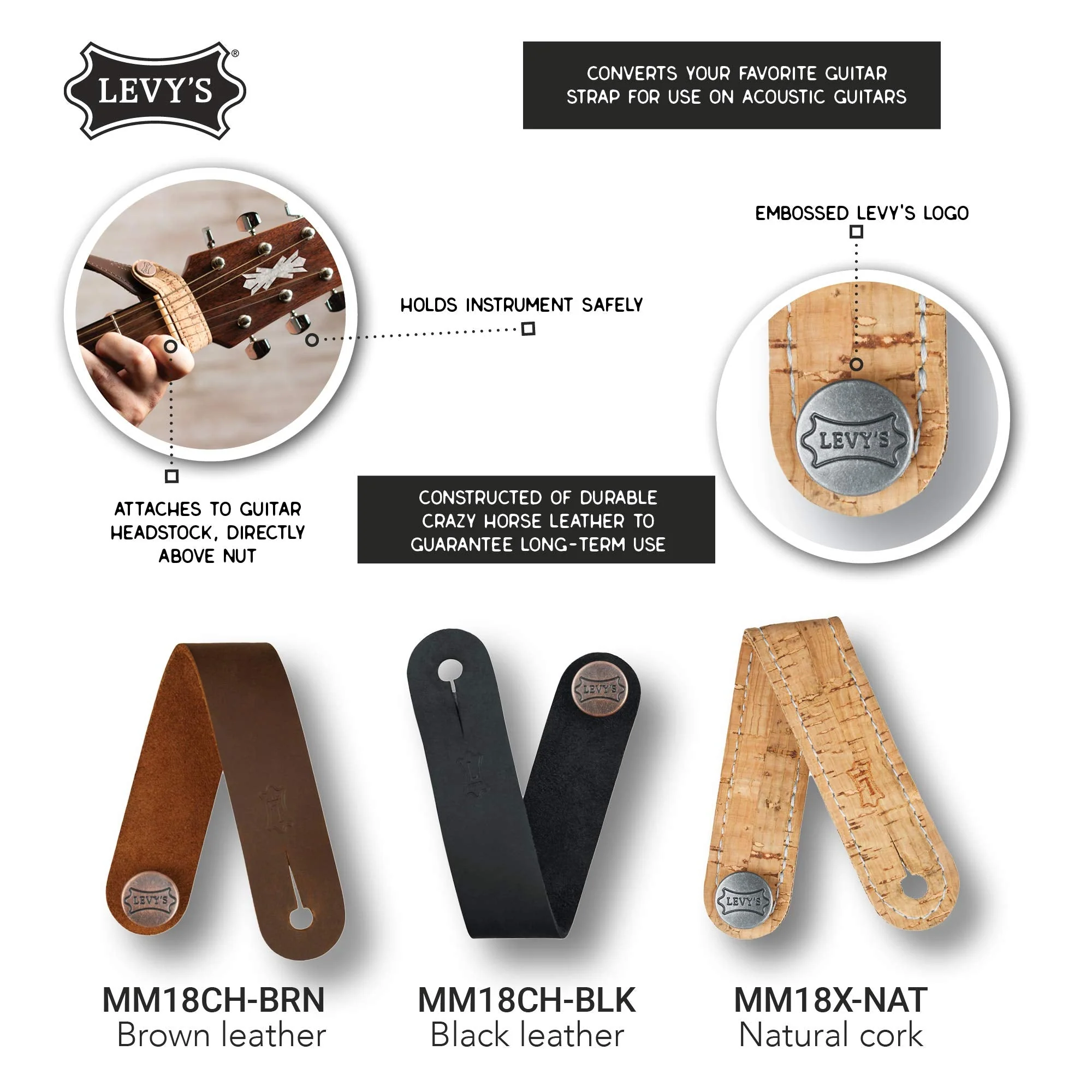Levy's Leathers Headstock Strap Adapter for Acoustic Guitars; Brown Leather (MM18CH-BRN) - Image 5