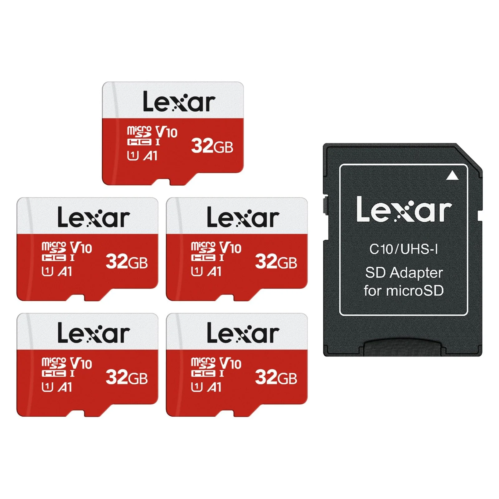 Lexar E-Series 32GB Micro SD Card 5 Pack, microSDHC UHS-I Flash Memory Card with Adapter, 100MB/s, C10, U1, A1, V10, Full HD, High Speed TF Card 32GB x5