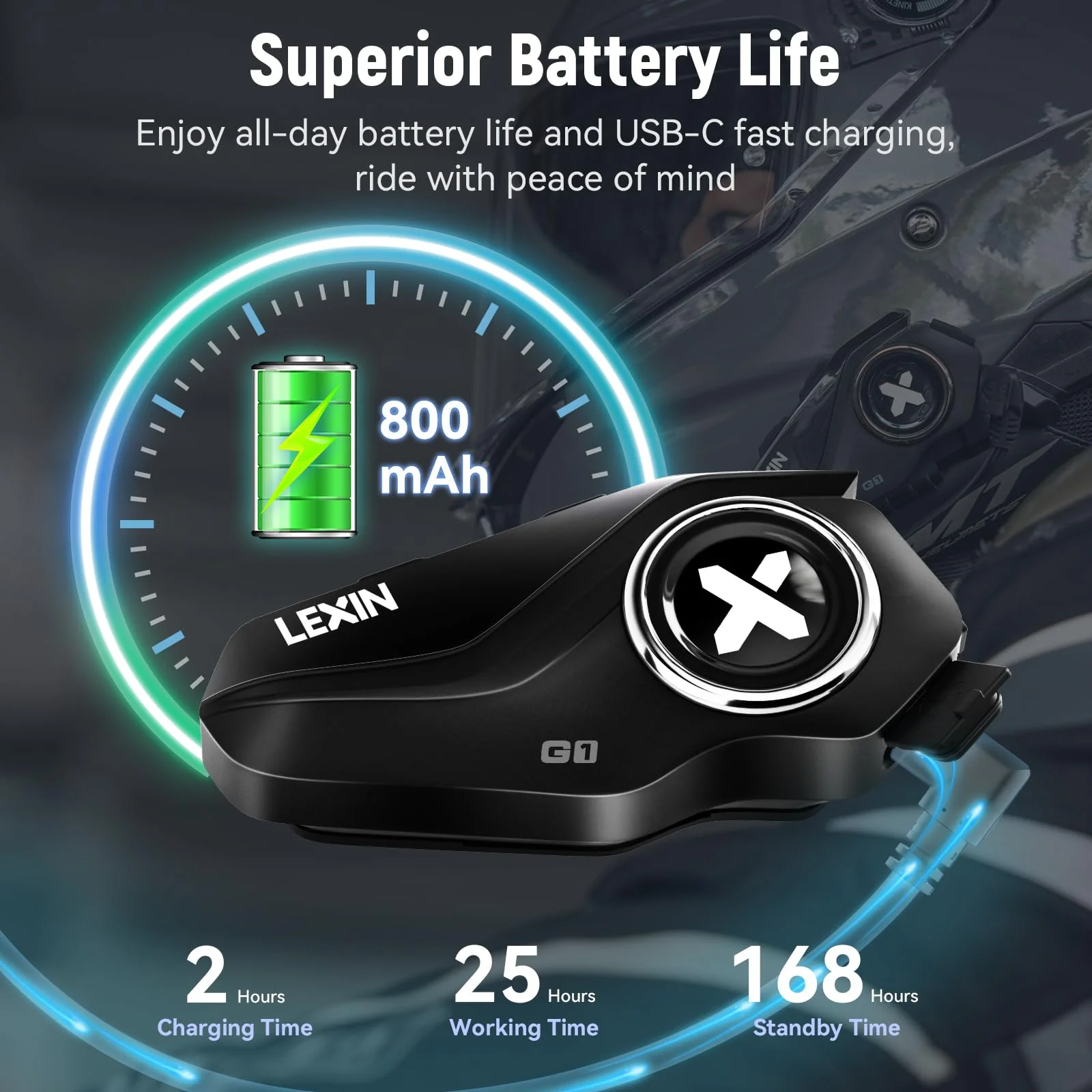LEXIN G1 Motorcycle Bluetooth Headset, Waterproof Helmet Headphones with 2 Types Microphones, Hands-Free Call/Music/GPS, 6 Shells/USB-C Fast Charging/Noise Cancelling, Compatible with ATVs/Dirt Bike - Image 5