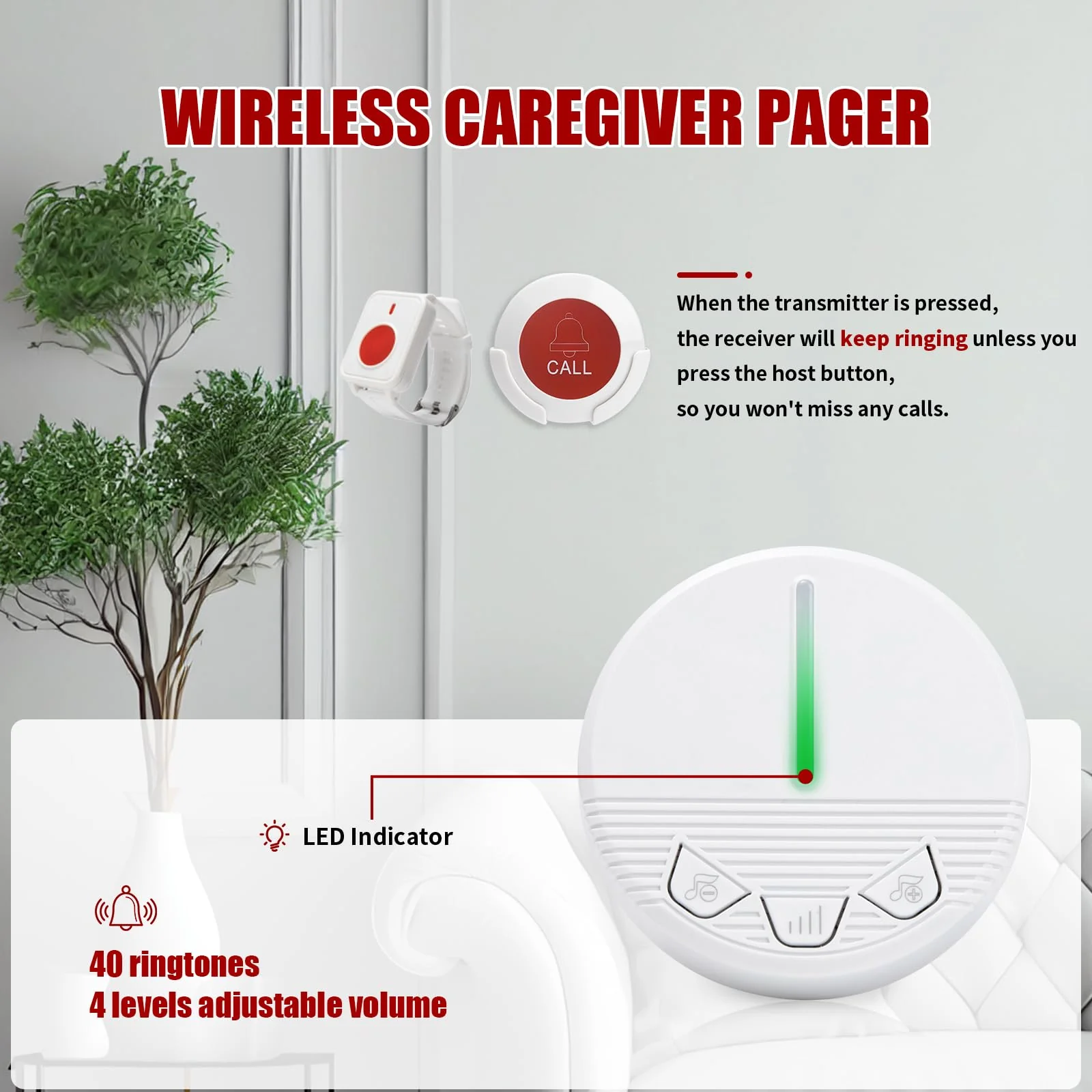 Life Alert Systems for Seniors Caregiver Pager Call Button SOS Button Alert Button for Seniors Elderly at Home 1 Plugin Receiver 1 Waterproof Transmitter 1 Watch Button KCPM+KHG1+KSW-1+1+1 - Image 3