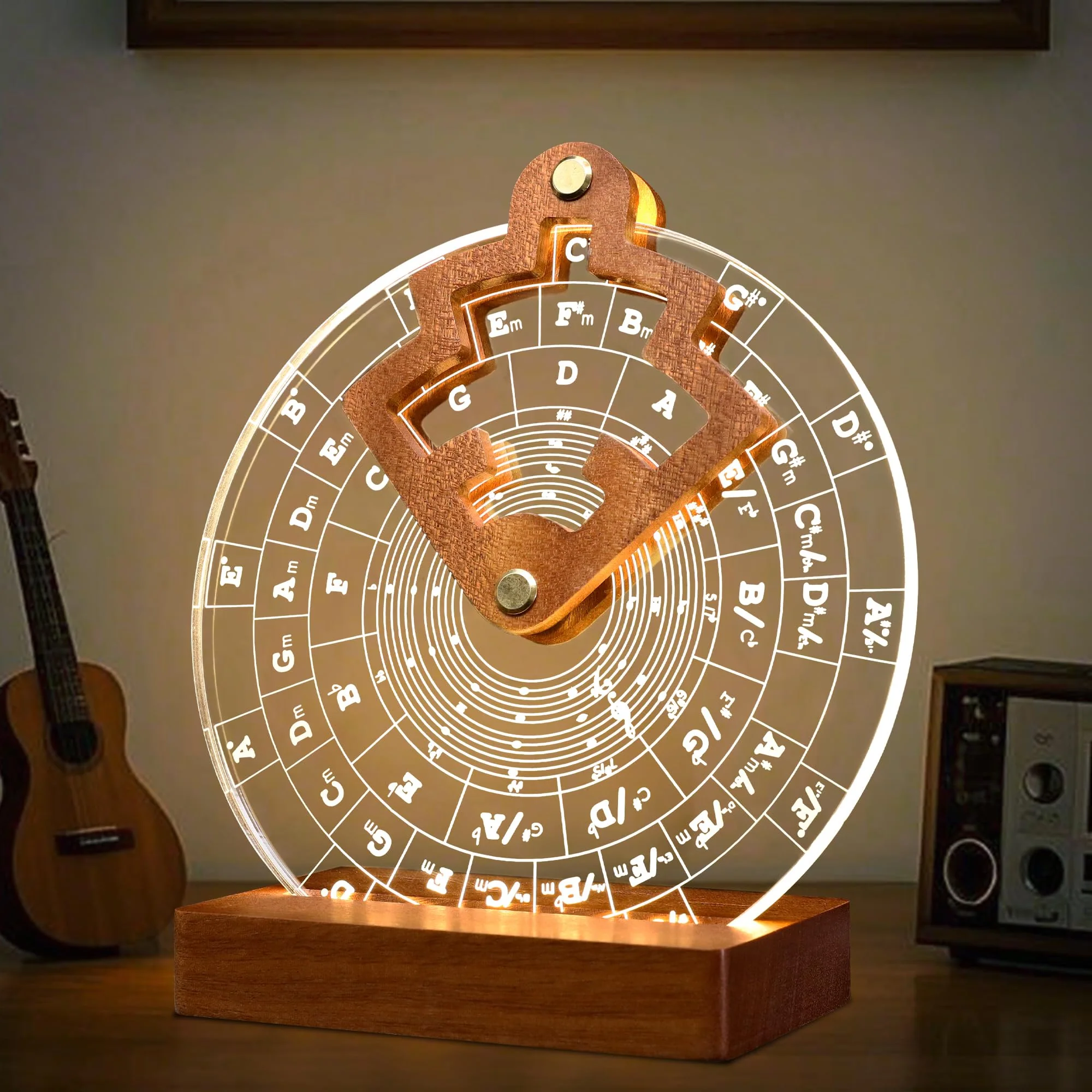 Light Up Circle of Fifths Wheel, Acrylic Wooden Chord Wheel Melody Tool with Guitar Pick Holder, Gift for Musical Beginners Musicians for Musical Learning and Songwriting Color: Light up Circle of Fifths Wheel
