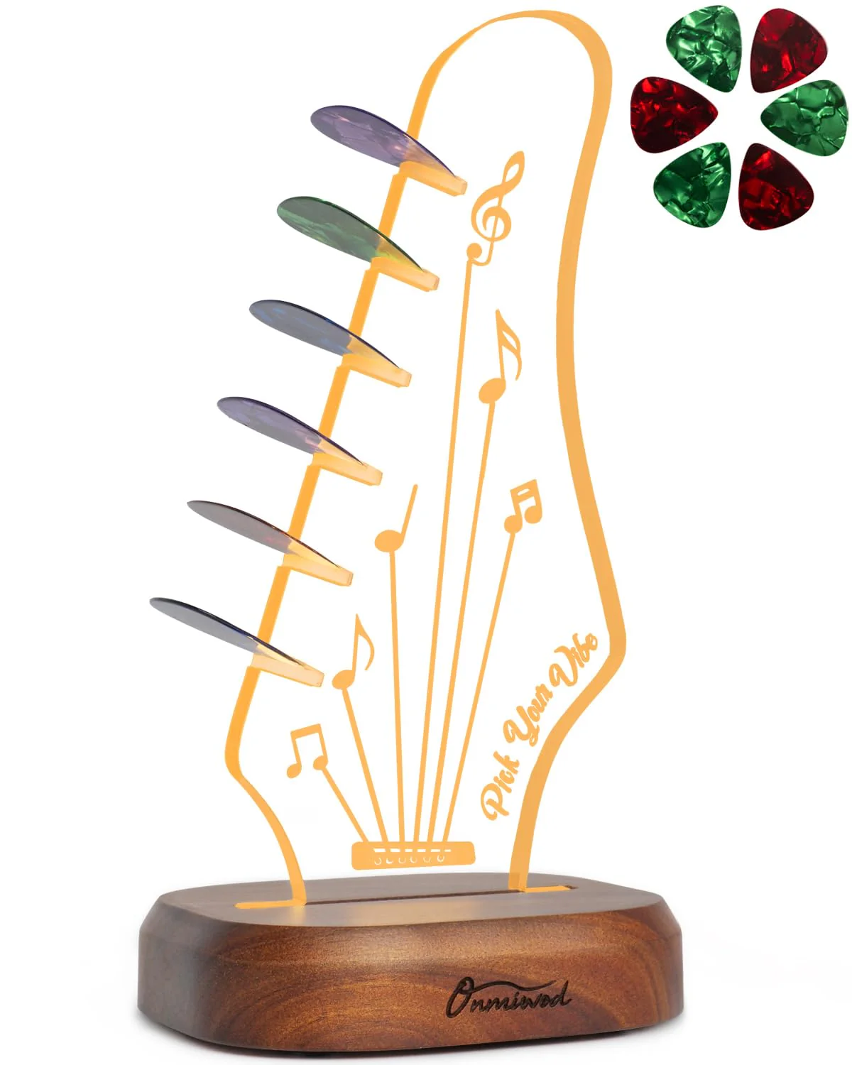 Light Up Guitar Pick Holder with 6 Guitar Picks, Acacia Wood & Acrylic Guitar Headstock Shaped Pick Holder Case for Guitar Pick Storage & Display, Guitar Music Accessories Gift for Guitar Lover Player