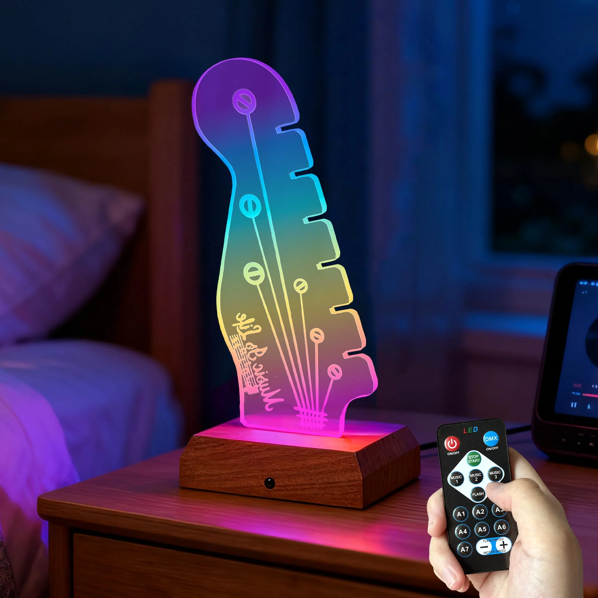 Light Up Guitar Pick Holder with Music Sync, 7-Color LED Guitar Pick Lamp with Remote Control, Acrylic 3D Guitar Pick Storage Rack, Birthday Gift for Music Lovers and Guitarists, Guitar Accessories