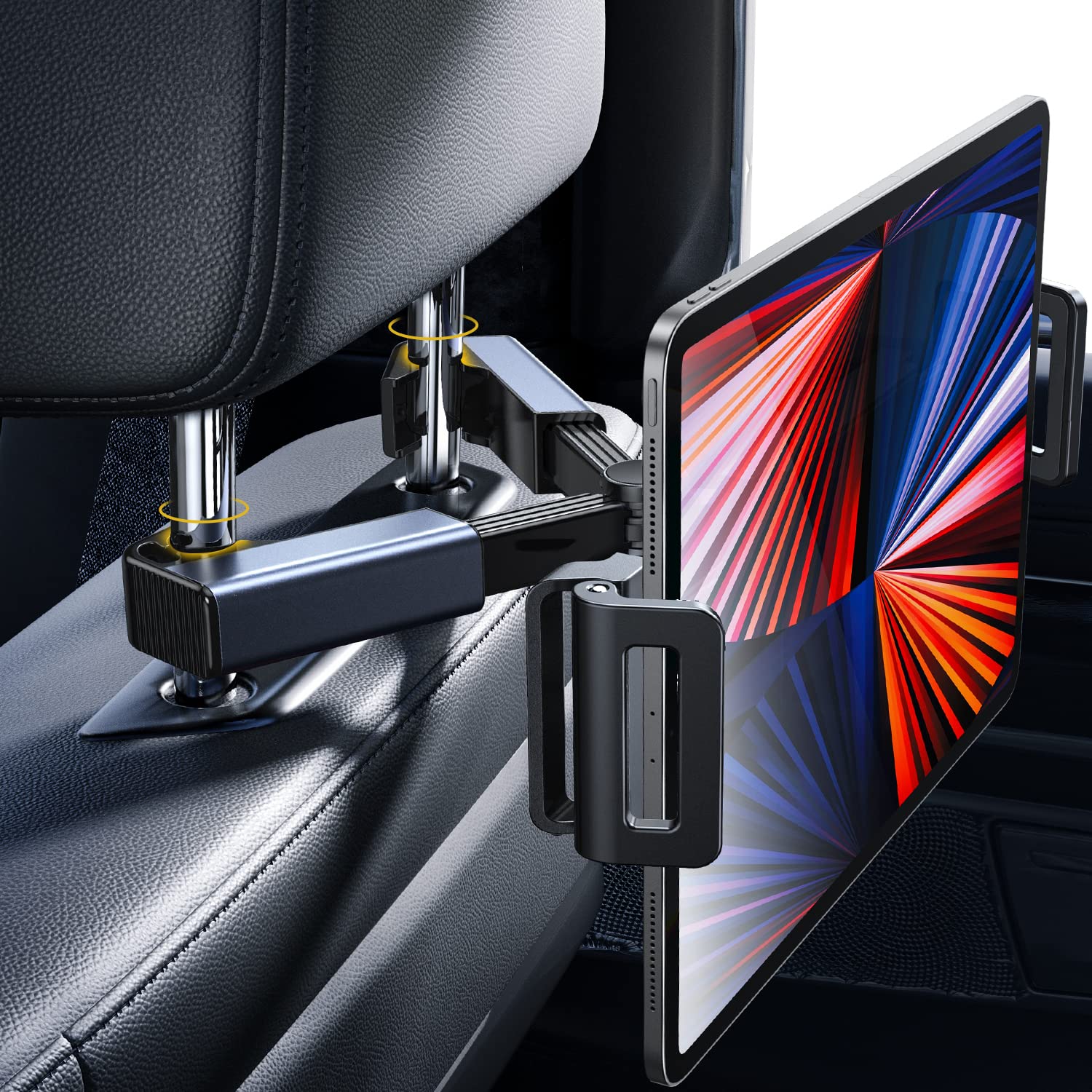 LISEN Car Headrest Tablet Mount Holder, [ Double Extendable Stick ] 360° Rotation iPad Car Holder Back Seat for Tablets, Cell Phone and More 4.7-12.9" Devices, Headrest Posts Width 1.6-6.9"