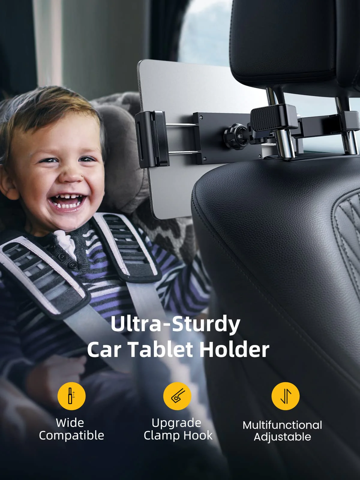 LISEN Car Headrest Tablet Mount Holder, [ Double Extendable Stick ] 360° Rotation iPad Car Holder Back Seat for Tablets, Cell Phone and More 4.7-12.9" Devices, Headrest Posts Width 1.6-6.9" - Image 2