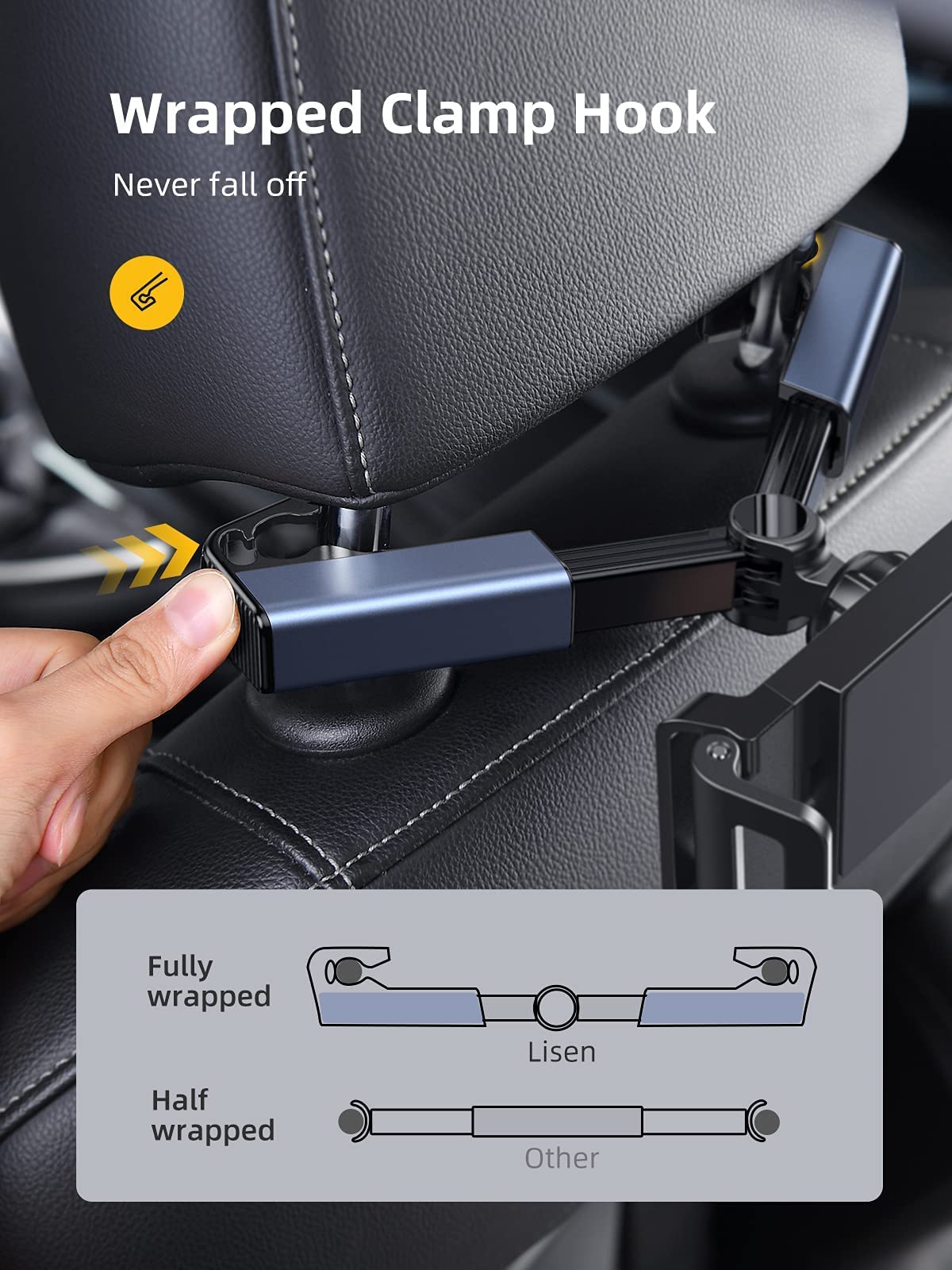 LISEN Car Headrest Tablet Mount Holder, [ Double Extendable Stick ] 360° Rotation iPad Car Holder Back Seat for Tablets, Cell Phone and More 4.7-12.9" Devices, Headrest Posts Width 1.6-6.9" - Image 4