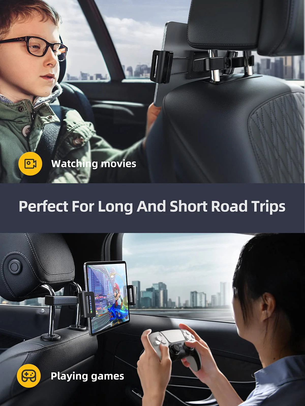 LISEN Car Headrest Tablet Mount Holder, [ Double Extendable Stick ] 360° Rotation iPad Car Holder Back Seat for Tablets, Cell Phone and More 4.7-12.9" Devices, Headrest Posts Width 1.6-6.9" - Image 7