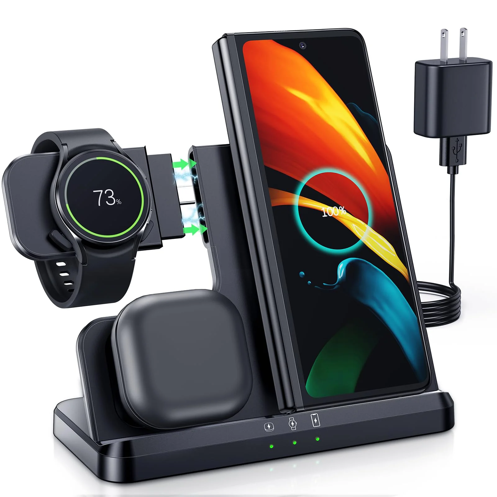LK Samsung Wireless Charger 3 in 1 Samsung Charging Station Galaxy Watch Charger Compatible for Samsung S24 Ultra Plus S23 S22 S21 Z Fold Flip 6/5/4/3, Galaxy Watch 7/6/5 Pro/4/3(Black) Black