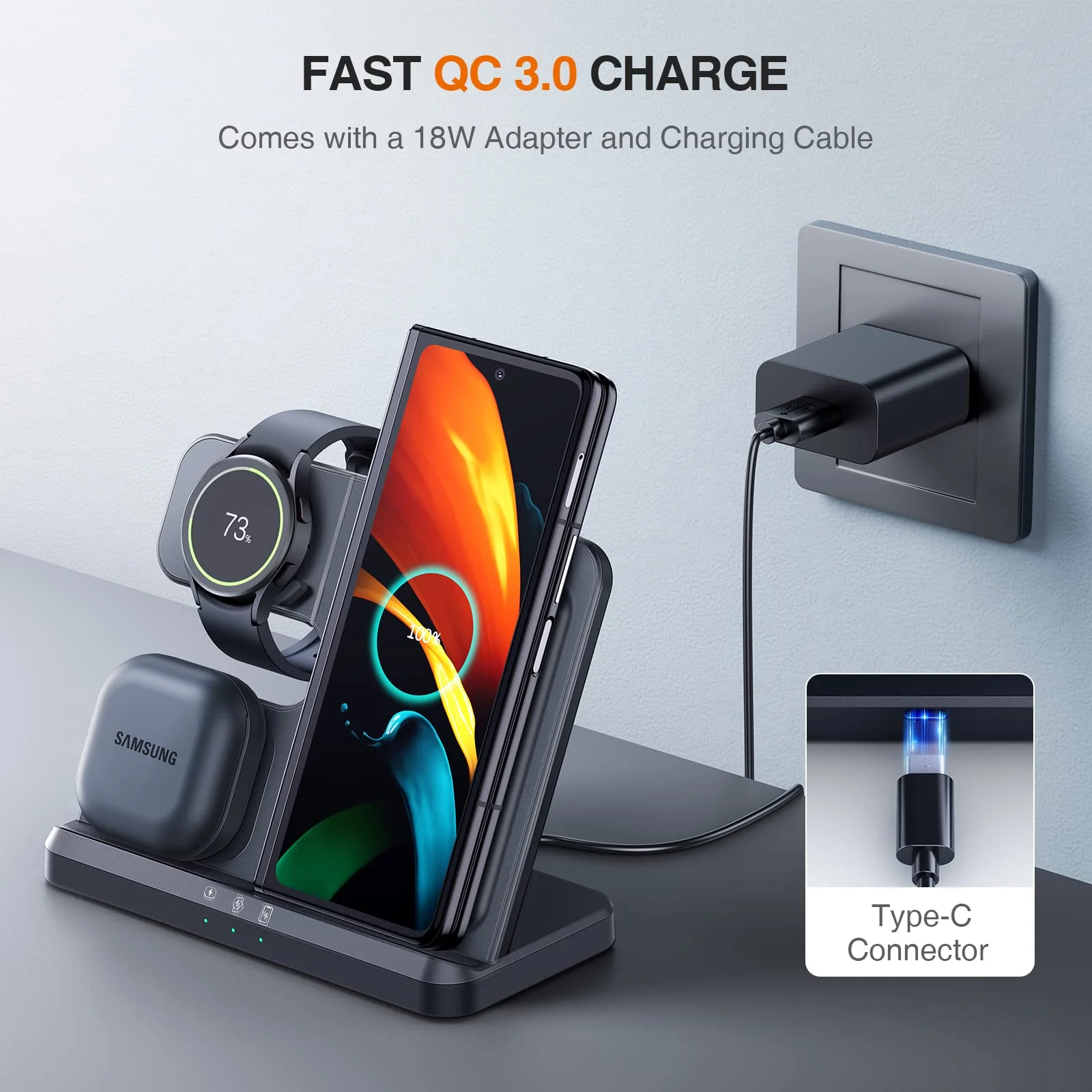 LK Samsung Wireless Charger 3 in 1 Samsung Charging Station Galaxy Watch Charger Compatible for Samsung S24 Ultra Plus S23 S22 S21 Z Fold Flip 6/5/4/3, Galaxy Watch 7/6/5 Pro/4/3(Black) Black - Image 5