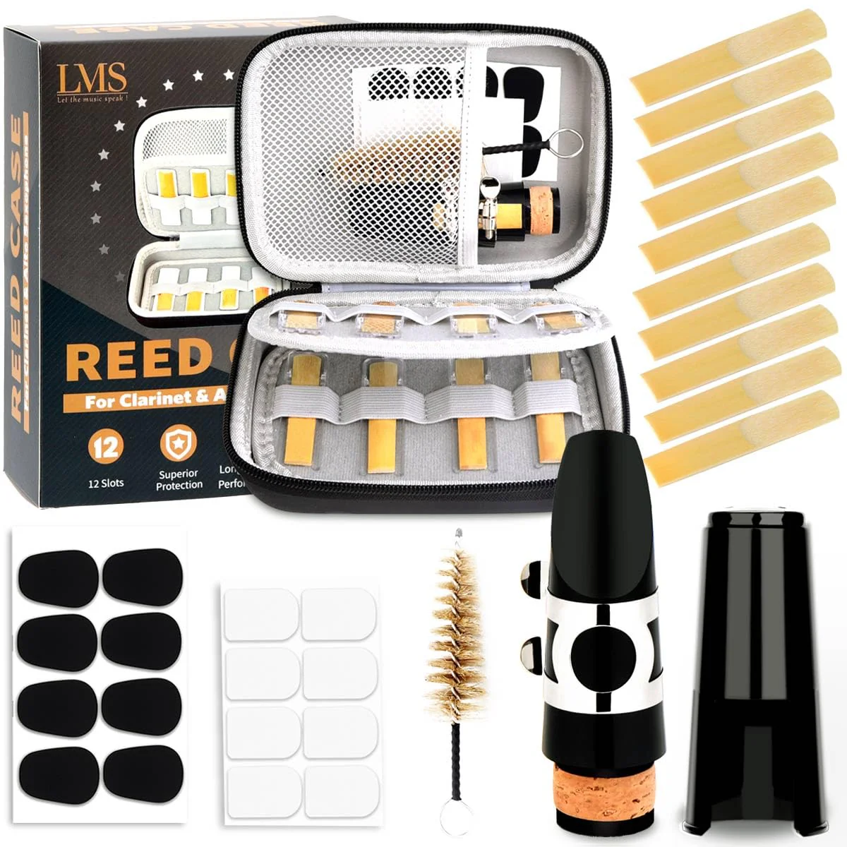 LMS Bb Clarinet Mouthpiece Kit with Case, Clarinet Mouthpiece Accessories Set for Beginners, Clarinet Mouthpiece Metal Ligature 2.5 Reeds Cushions Pads Cap Brush EVA Storage Case