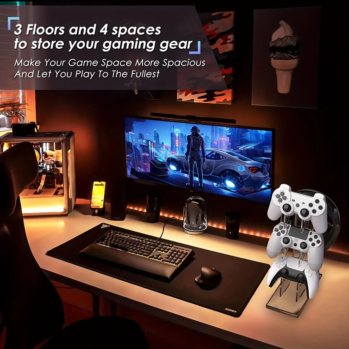 LO-L 【3 Tier】 Game Controller Holder Headset Stand 3 Tier Controller Holder and Headset Stand Compatible for PS4 PS5 Xbox Switch, Controller Stand Gaming Accessories. (3 Tier Black) A. 3 Tier Black - Image 2