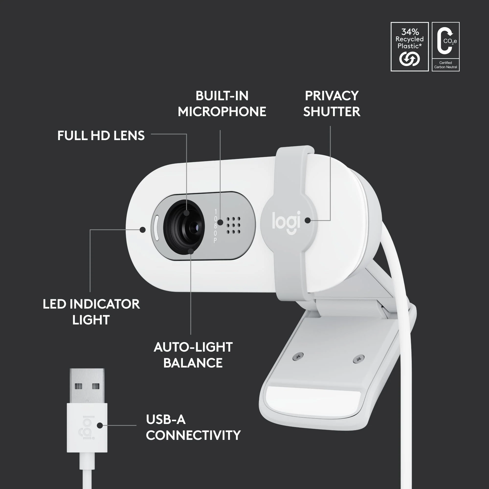 Logitech Brio 100 Full HD 1080p Webcam for Meetings and Streaming, Auto-Light Balance, Built-in Mic, Privacy Shutter, USB-A, for Microsoft Teams, Google Meet, Zoom and More - Off White Off-White - Image 6